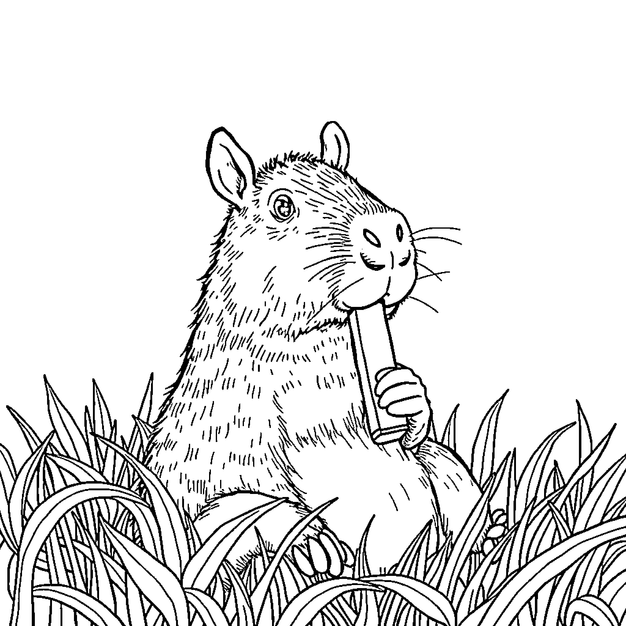 Capybara munching on grass in the meadow Coloring Page (free black-and-white line drawing printable PDF for all, from beginners to advanced learners, including children, teens, adults, and seniors)