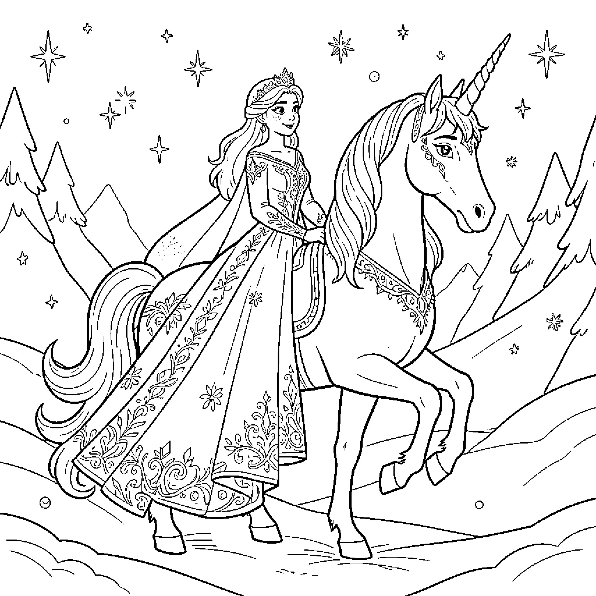 Queen riding a majestic unicorn through a snowy landscape Coloring Page (free black-and-white line drawing printable PDF for all, from beginners to advanced learners, including children, teens, adults, and seniors)