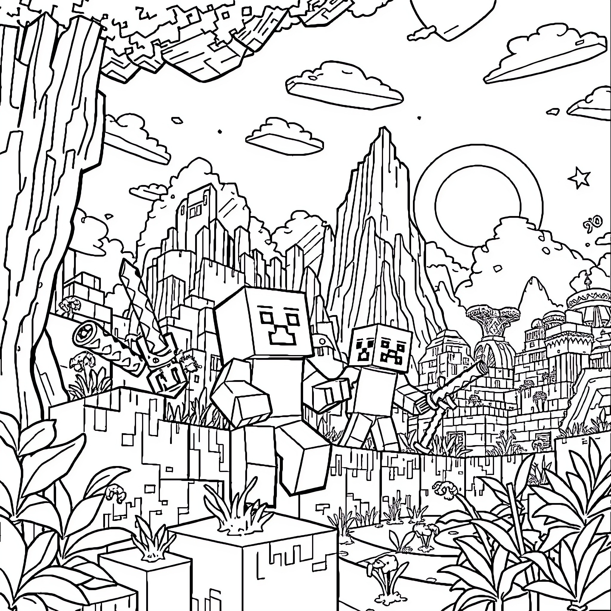 Superthings exploring a fantastical landscape Coloring Page (free black-and-white line drawing printable PDF for all, from beginners to advanced learners, including children, teens, adults, and seniors)