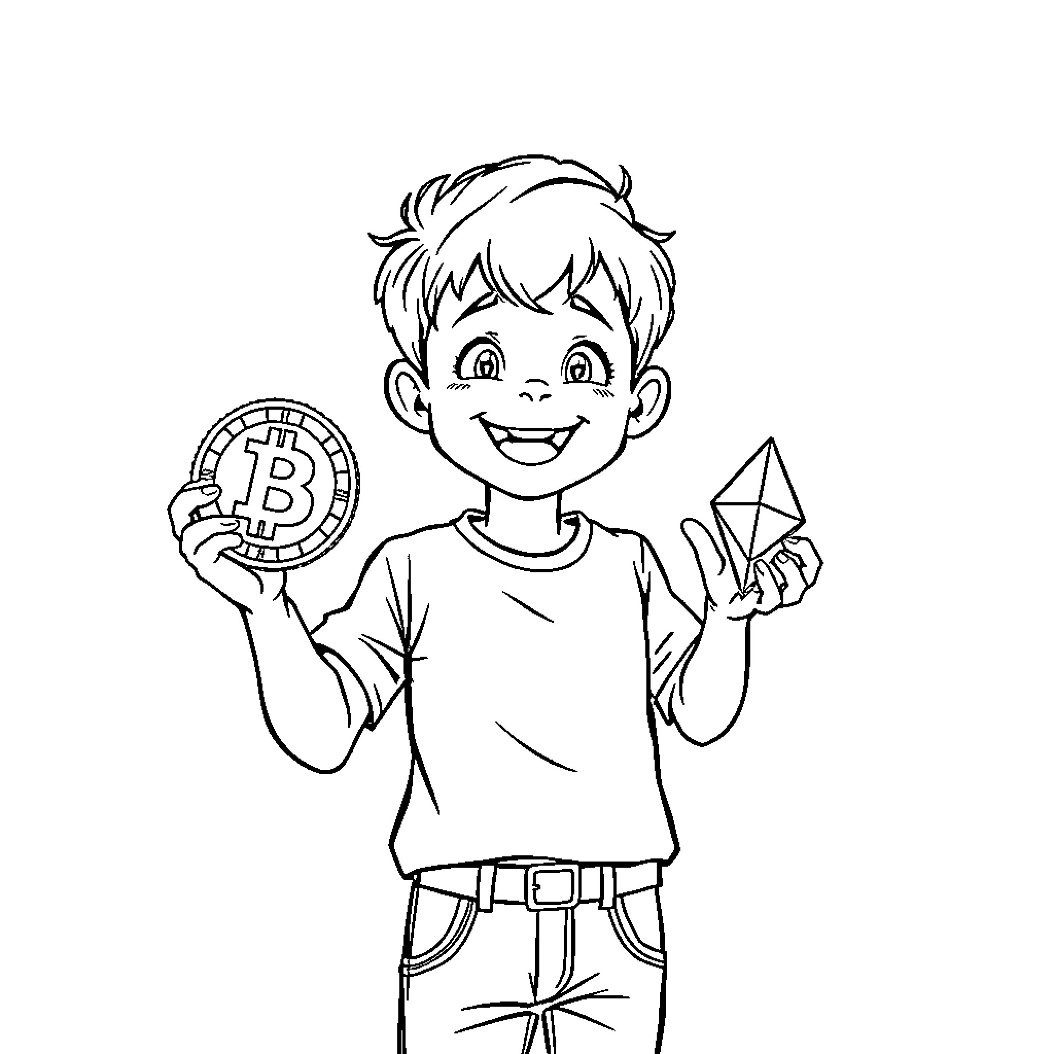 Boy holding bitcoin and envelope Coloring Page (free black-and-white line drawing printable PDF for all, from beginners to advanced learners, including children, teens, adults, and seniors)