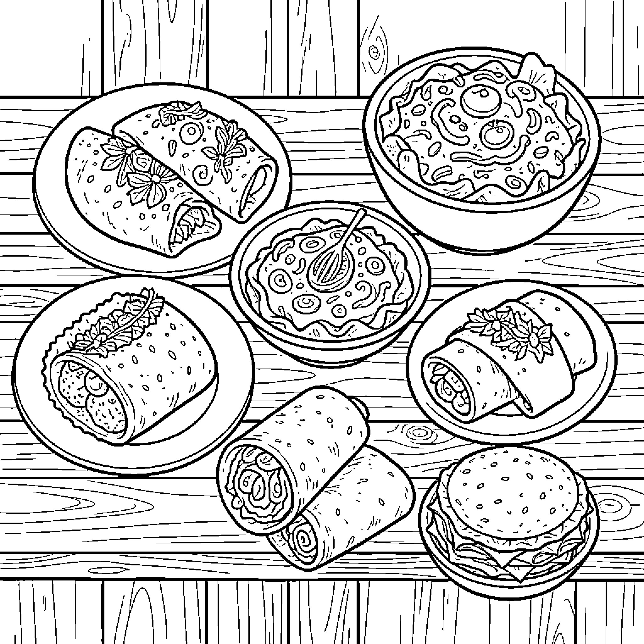 Mexican Treat featuring various delicious food items Coloring Page (free black-and-white line drawing printable PDF for all, from beginners to advanced learners, including children, teens, adults, and seniors)