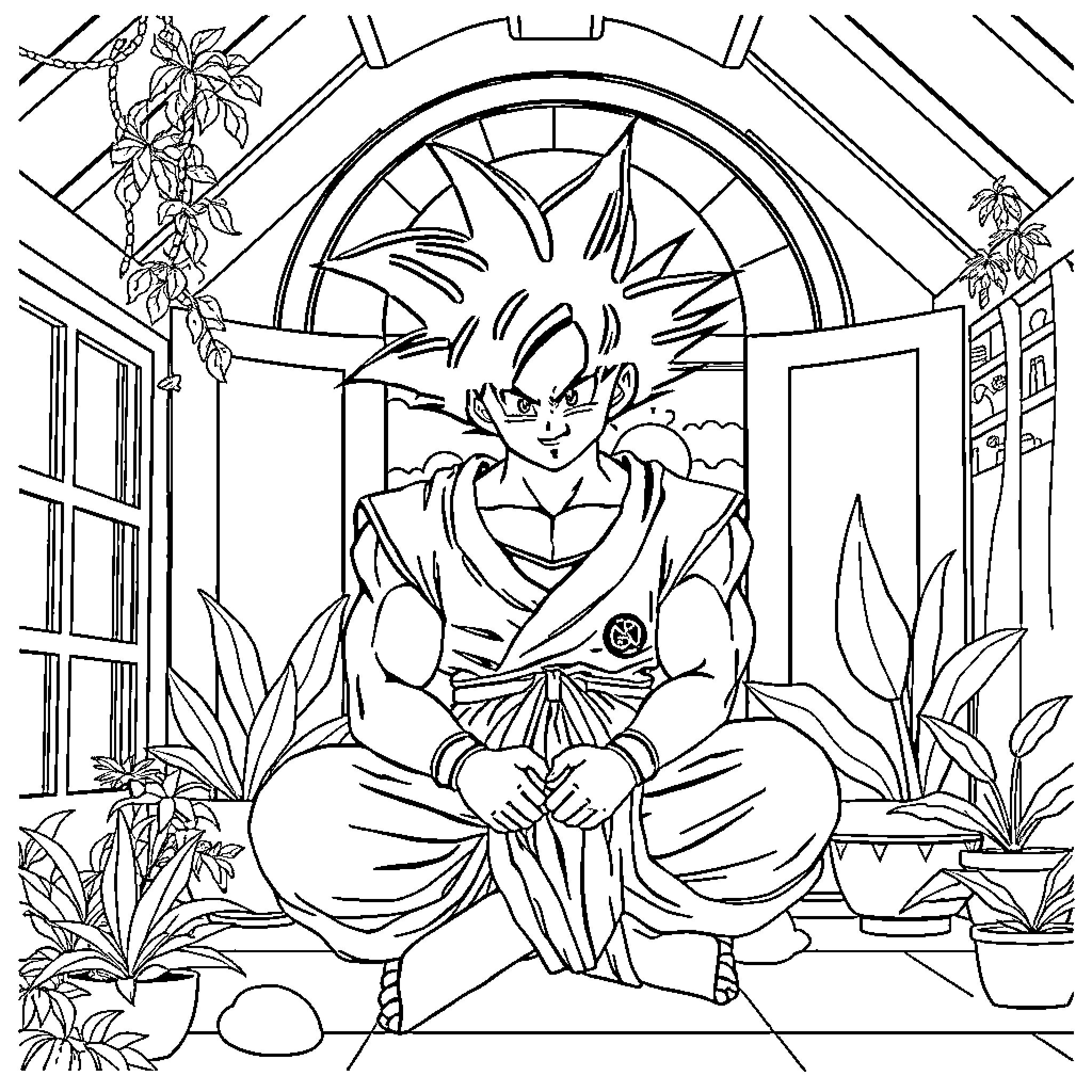 Goku in a tranquil garden setting Coloring Page (free black-and-white line drawing printable PDF for all, from beginners to advanced learners, including children, teens, adults, and seniors)