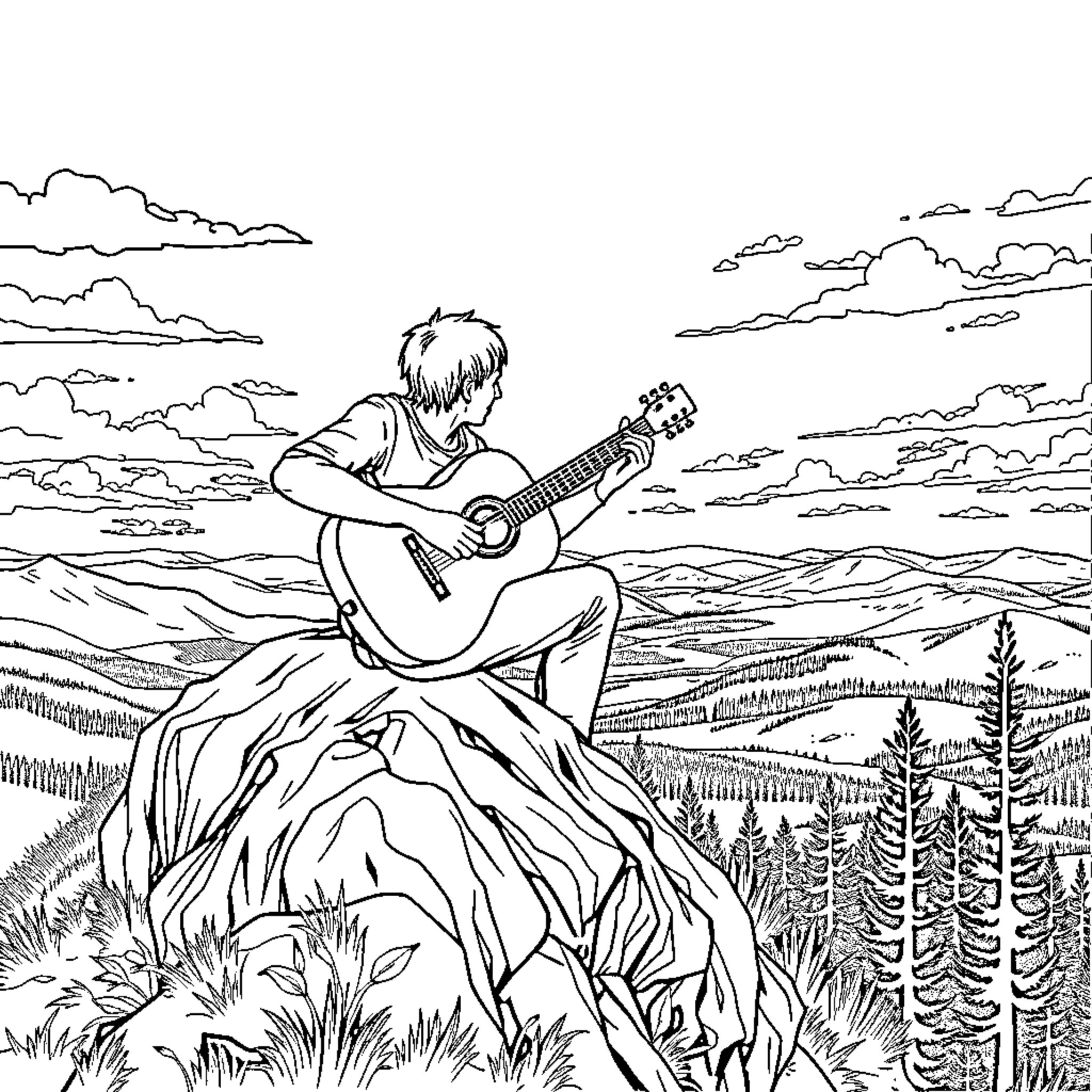 Saskatchewan musician plays guitar in scenic landscape Coloring Page (free black-and-white line drawing printable PDF for all, from beginners to advanced learners, including children, teens, adults, and seniors)