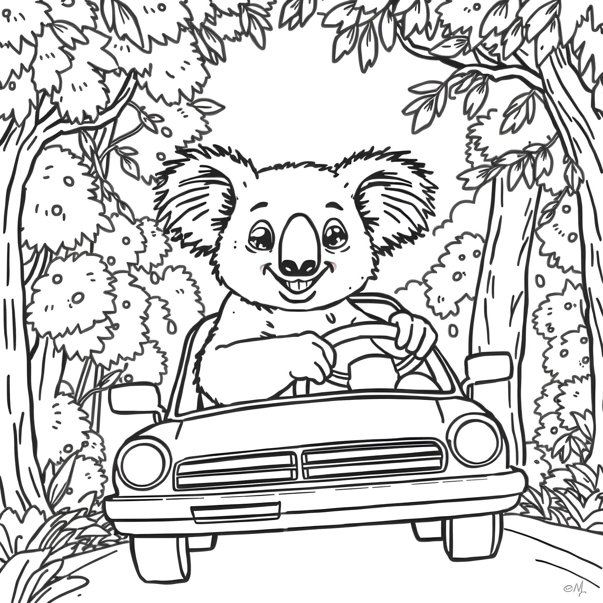 Koala driving car in the forest Coloring Page (free black-and-white line drawing printable PDF for all, from beginners to advanced learners, including children, teens, adults, and seniors)