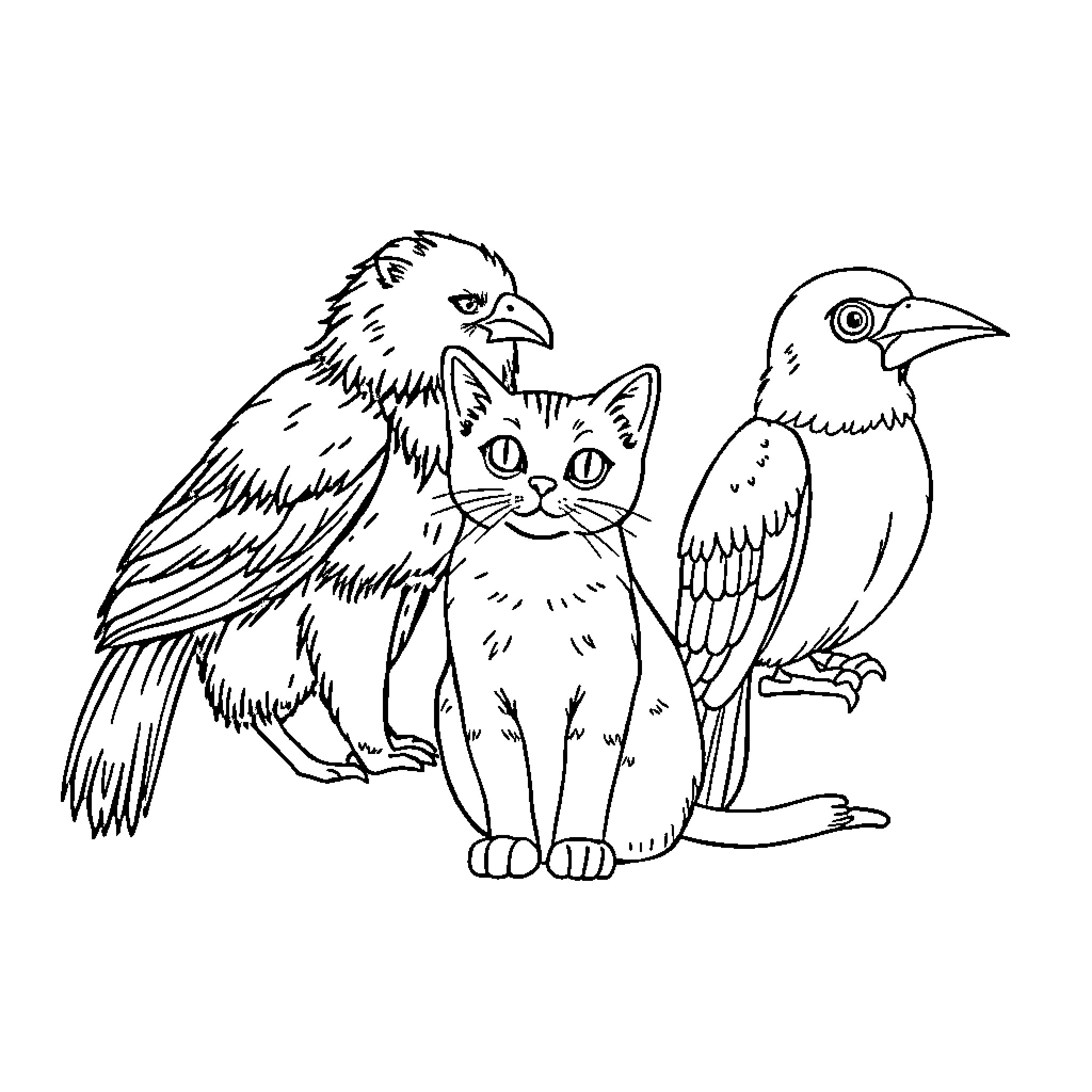 Animal friends - Cat, crow, and bird Coloring Page (free black-and-white line drawing printable PDF for all, from beginners to advanced learners, including children, teens, adults, and seniors)