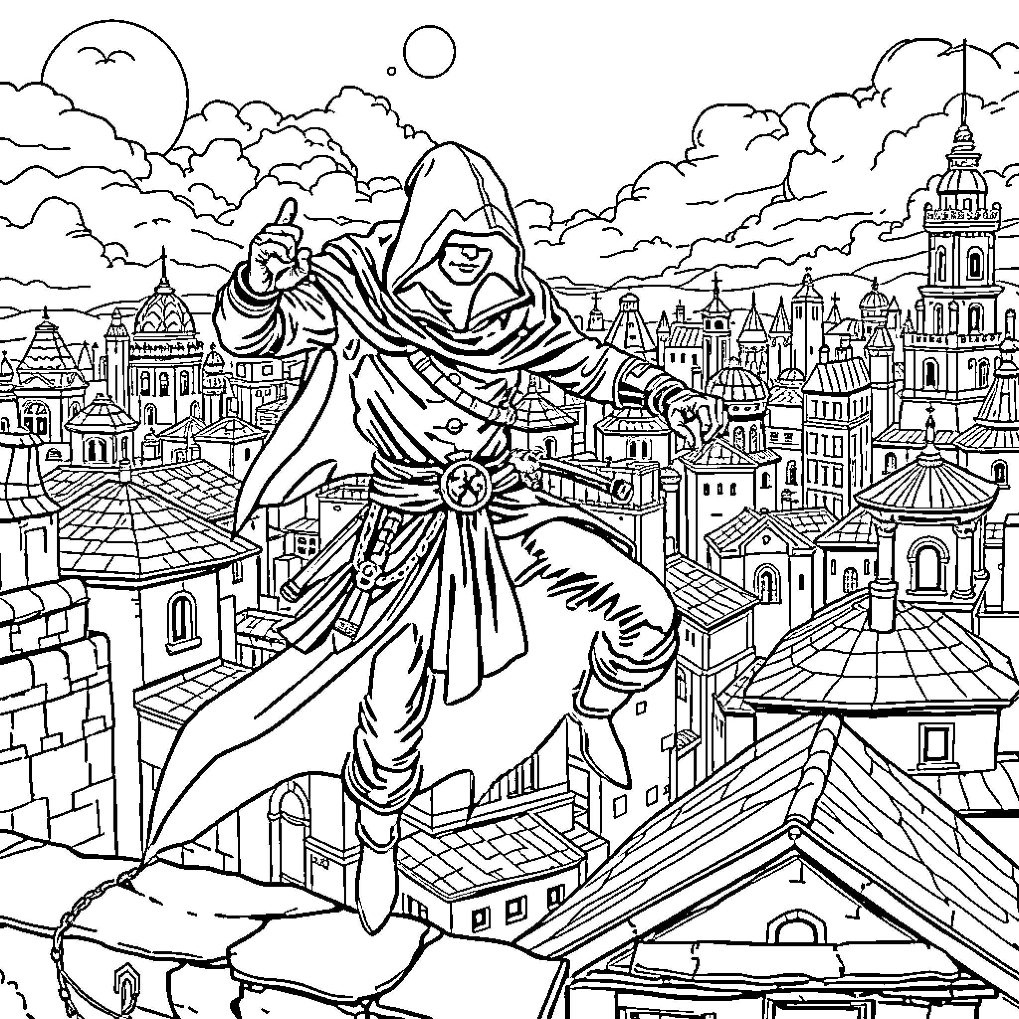 Assassin Stalking the Rooftops Coloring Page (free black-and-white line drawing printable PDF for all, from beginners to advanced learners, including children, teens, adults, and seniors)