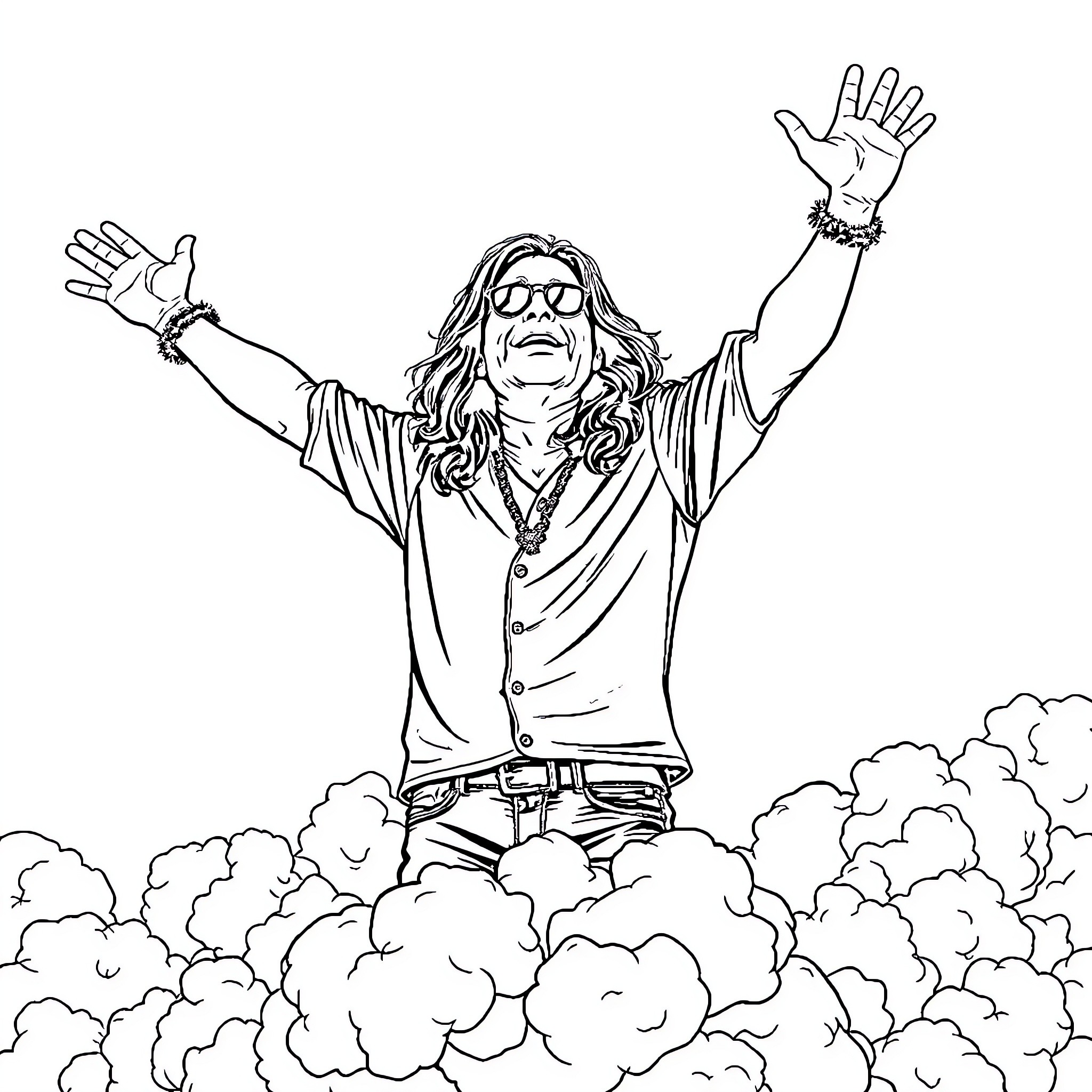 Ozzy Osbourne's Energetic Stage Performance Coloring Page (free black-and-white line drawing printable PDF for all, from beginners to advanced learners, including children, teens, adults, and seniors)