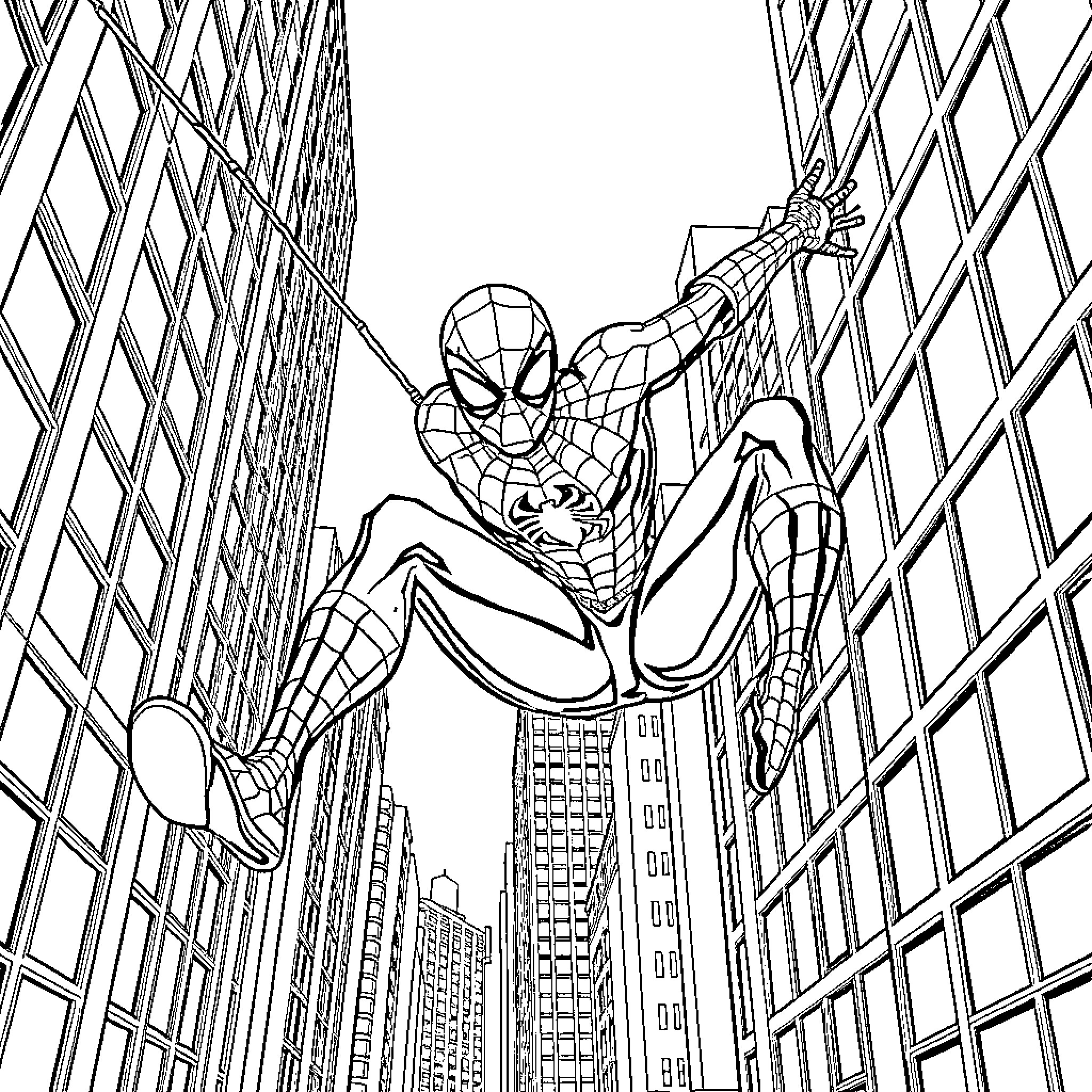 Spiderman swinging through the city skyline Coloring Page (free black-and-white line drawing printable PDF for all, from beginners to advanced learners, including children, teens, adults, and seniors)