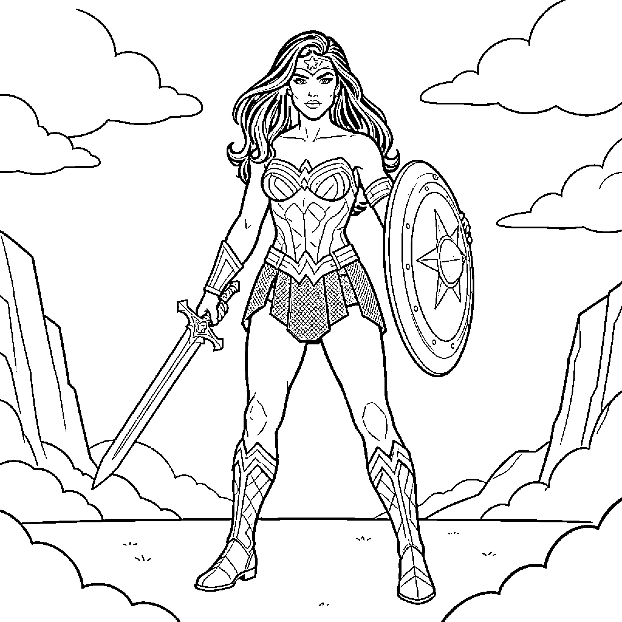 Wonder Woman standing heroically with sword and shield Coloring Page (free black-and-white line drawing printable PDF for all, from beginners to advanced learners, including children, teens, adults, and seniors)