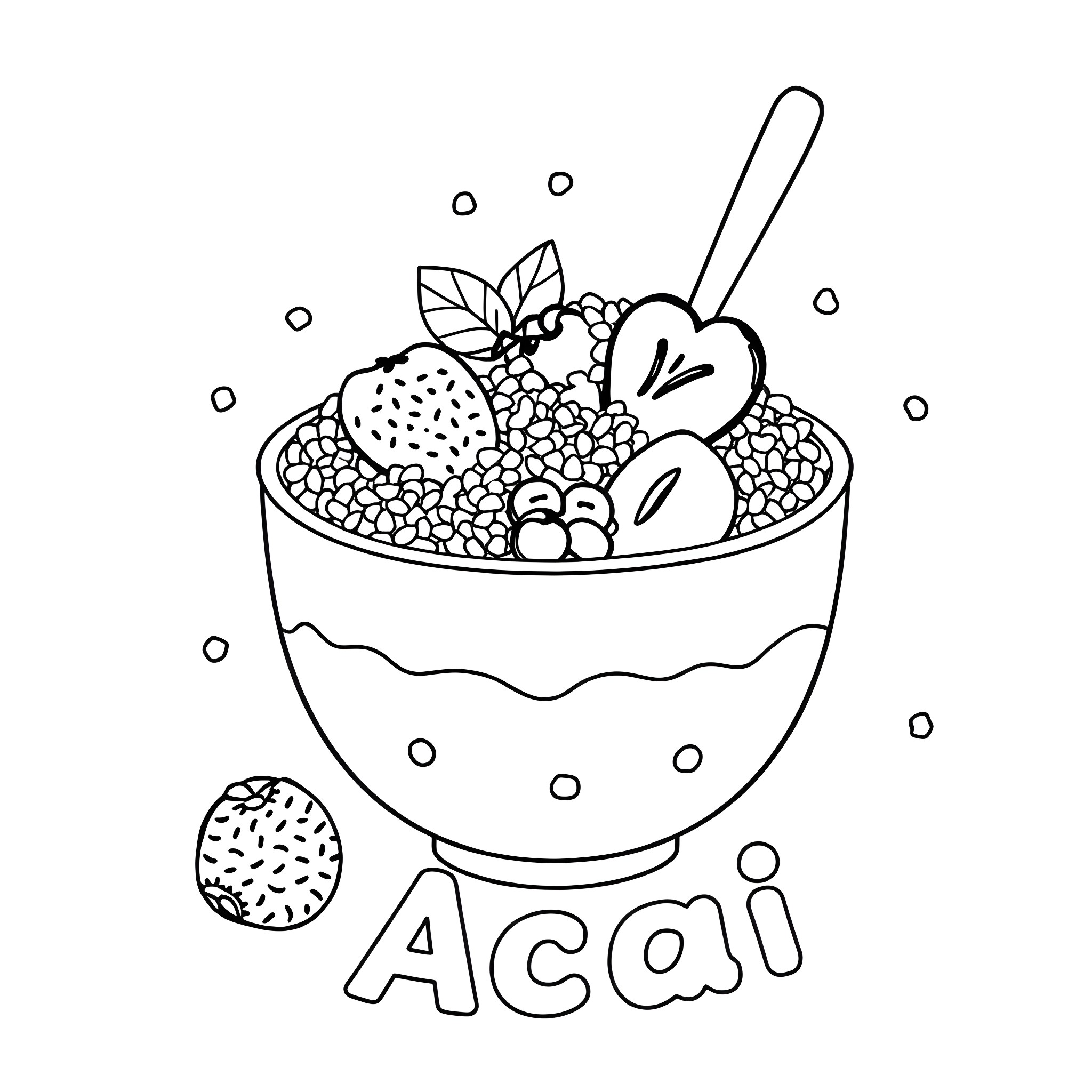 Acai Bowl with Fruits and Spoon Coloring Page (free black-and-white line drawing printable PDF for all, from beginners to advanced learners, including children, teens, adults, and seniors)