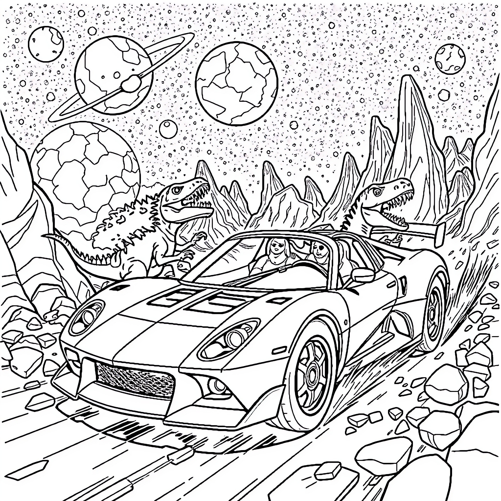 Dinosaur chasing a race car through a futuristic landscape Coloring Page (free black-and-white line drawing printable PDF for all, from beginners to advanced learners, including children, teens, adults, and seniors)