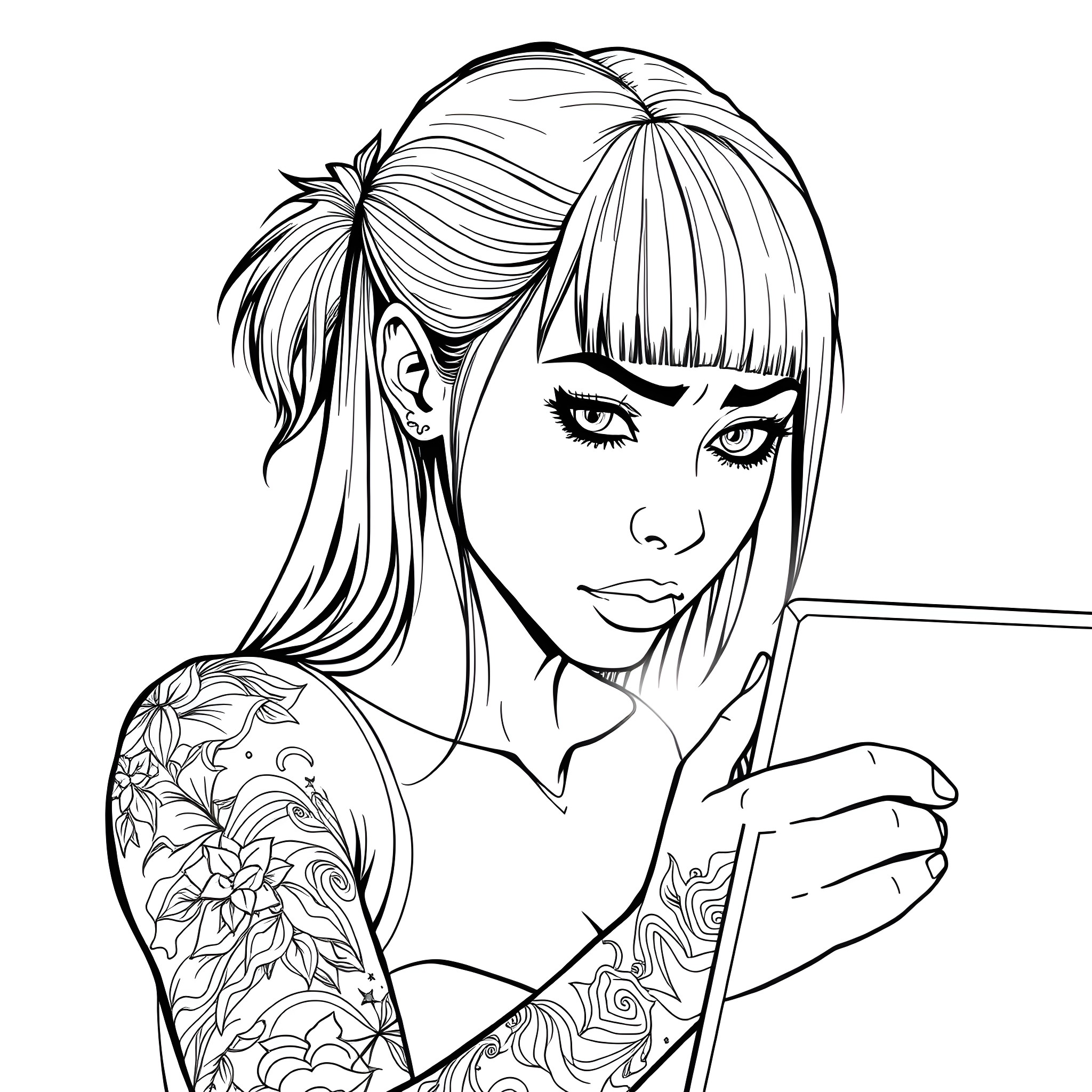 Girl with Piercing Gaze and Floral Tattoos Coloring Page (free black-and-white line drawing printable PDF for all, from beginners to advanced learners, including children, teens, adults, and seniors)
