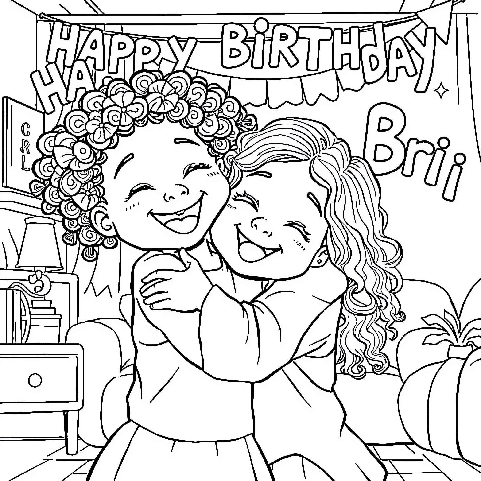Girl and Friend Celebrating Happy Birthday Coloring Page (free black-and-white line drawing printable PDF for all, from beginners to advanced learners, including children, teens, adults, and seniors)