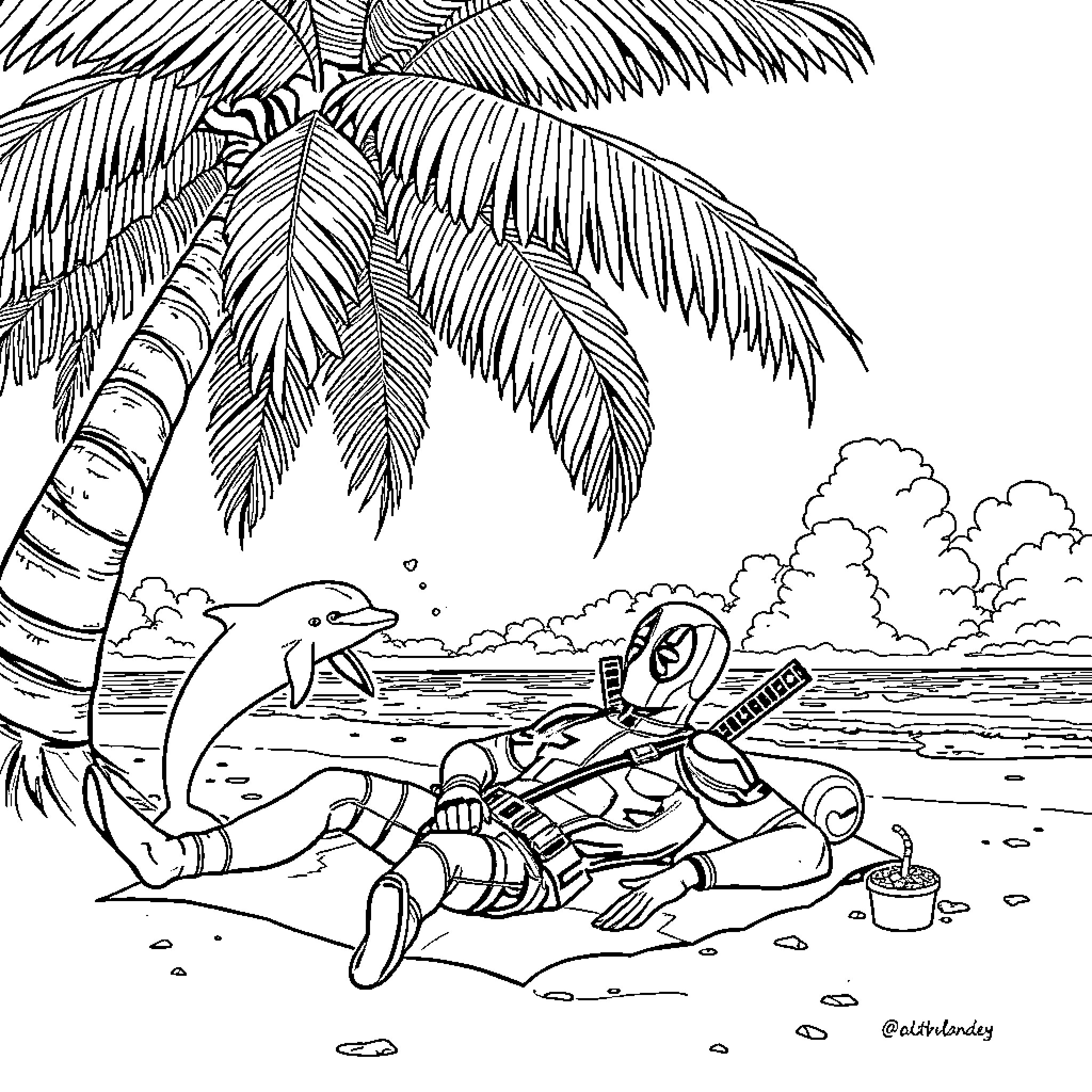 Deadpool relaxing on the beach with a dolphin Coloring Page (free black-and-white line drawing printable PDF for all, from beginners to advanced learners, including children, teens, adults, and seniors)