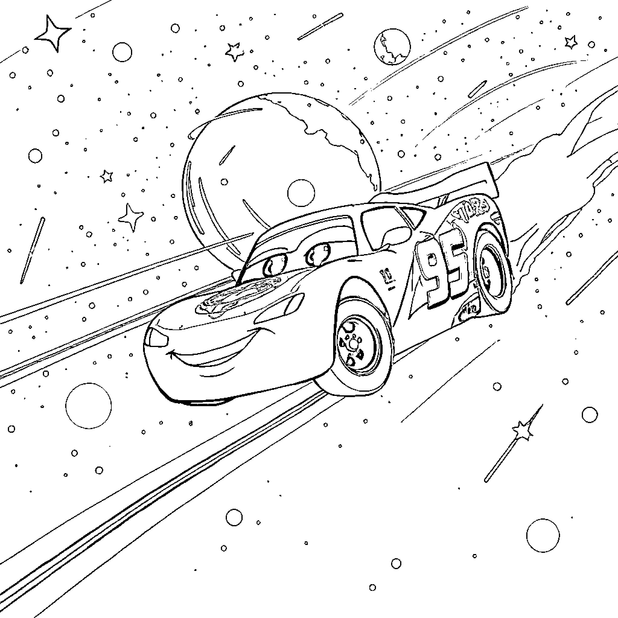 Flash McQueen racing through outer space near planets Coloring Page (free black-and-white line drawing printable PDF for all, from beginners to advanced learners, including children, teens, adults, and seniors)