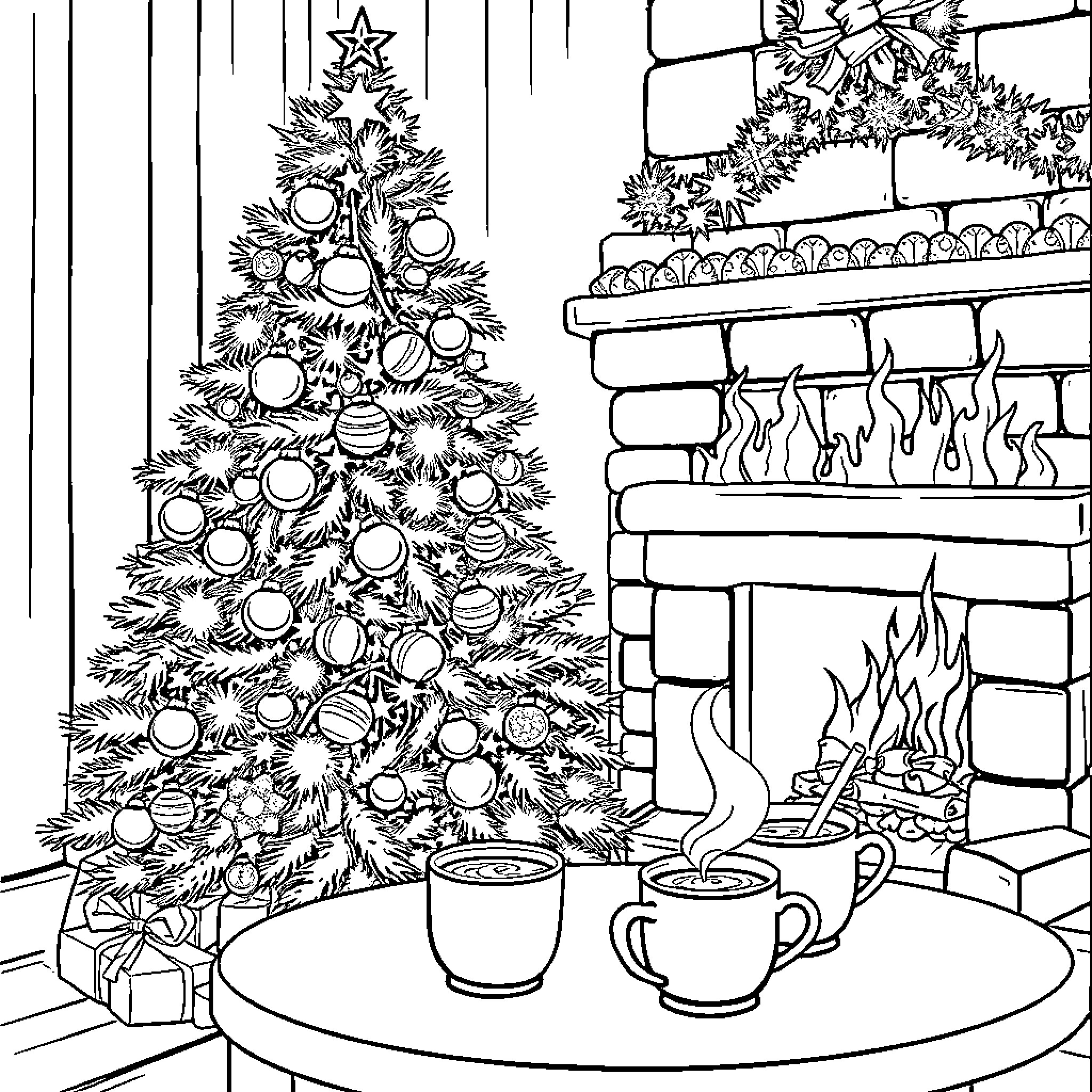 Christmas Tree Decorated and Fireplace Scene Coloring Page (free black-and-white line drawing printable PDF for all, from beginners to advanced learners, including children, teens, adults, and seniors)