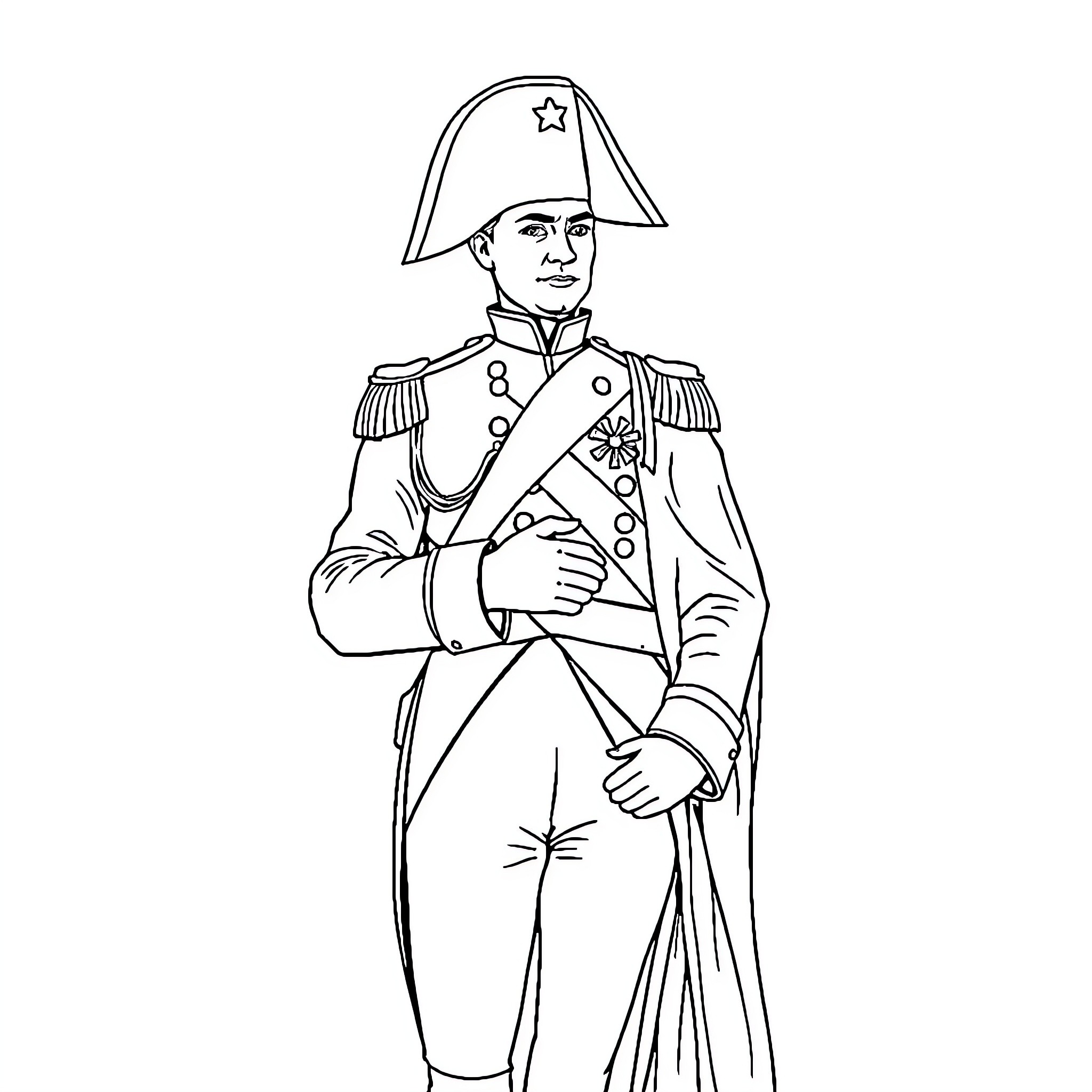 Napoleon in Military Uniform with Decorations Coloring Page (free black-and-white line drawing printable PDF for all, from beginners to advanced learners, including children, teens, adults, and seniors)