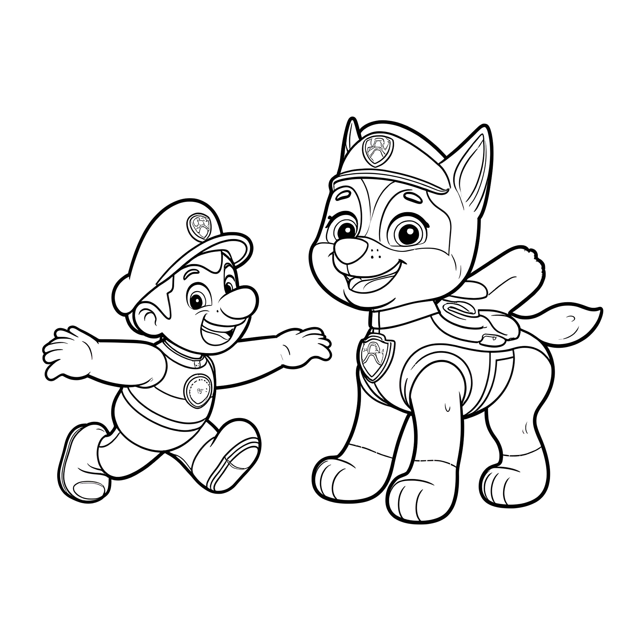 Chase's Adventure with Paw Patrol Pups Coloring Page (free black-and-white line drawing printable PDF for all, from beginners to advanced learners, including children, teens, adults, and seniors)