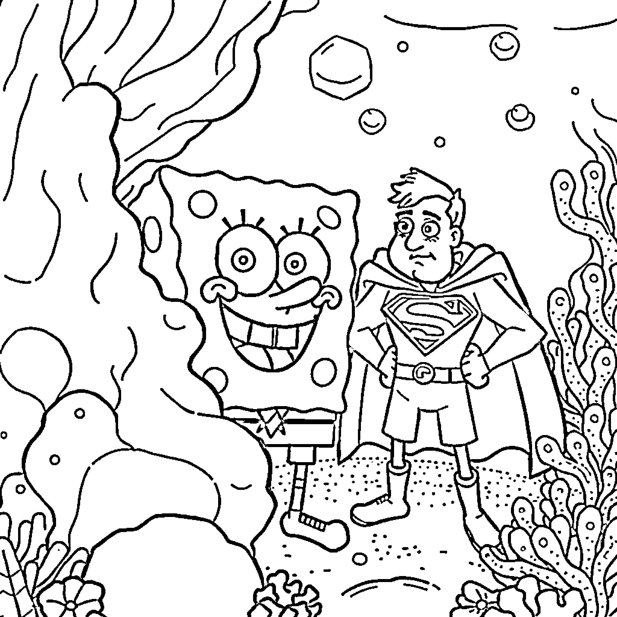 Spongebob and Superman exploring the underwater world Coloring Page (free black-and-white line drawing printable PDF for all, from beginners to advanced learners, including children, teens, adults, and seniors)