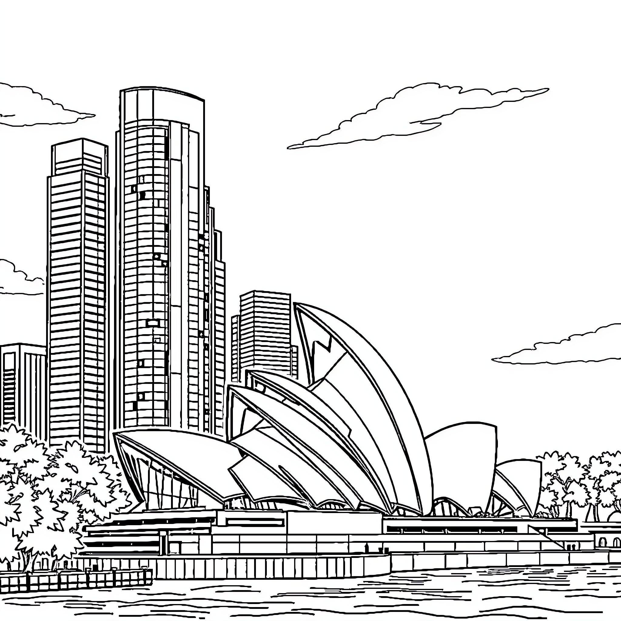 Sydney Skyline with iconic Opera House and skyscrapers Coloring Page (free black-and-white line drawing printable PDF for all, from beginners to advanced learners, including children, teens, adults, and seniors)