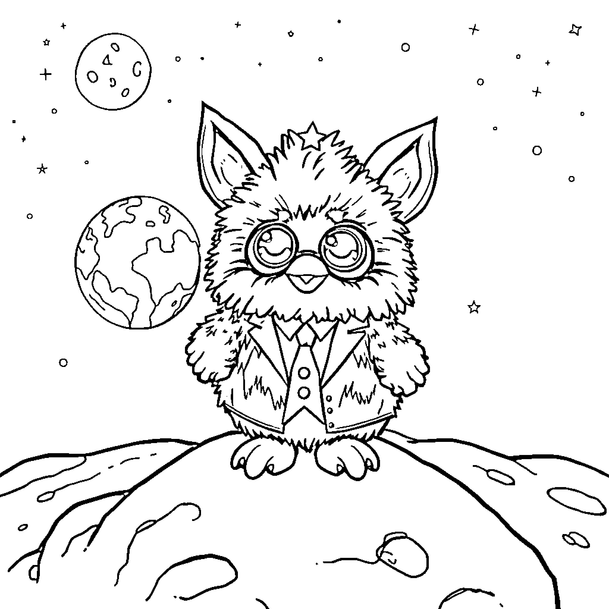 Furby exploring outer space with planets and stars Coloring Page (free black-and-white line drawing printable PDF for all, from beginners to advanced learners, including children, teens, adults, and seniors)