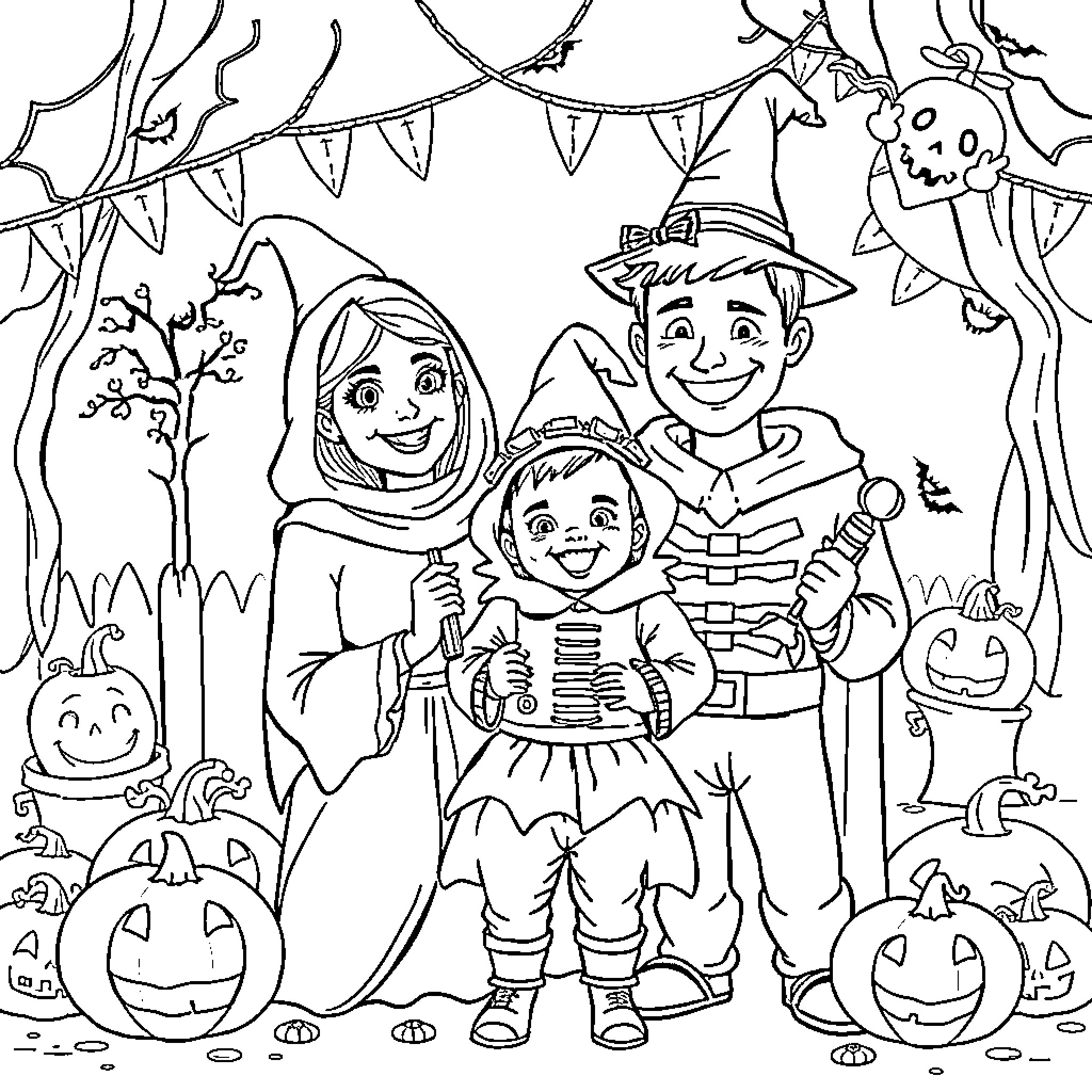 Family Enjoying Halloween Festivities Coloring Page (free black-and-white line drawing printable PDF for all, from beginners to advanced learners, including children, teens, adults, and seniors)
