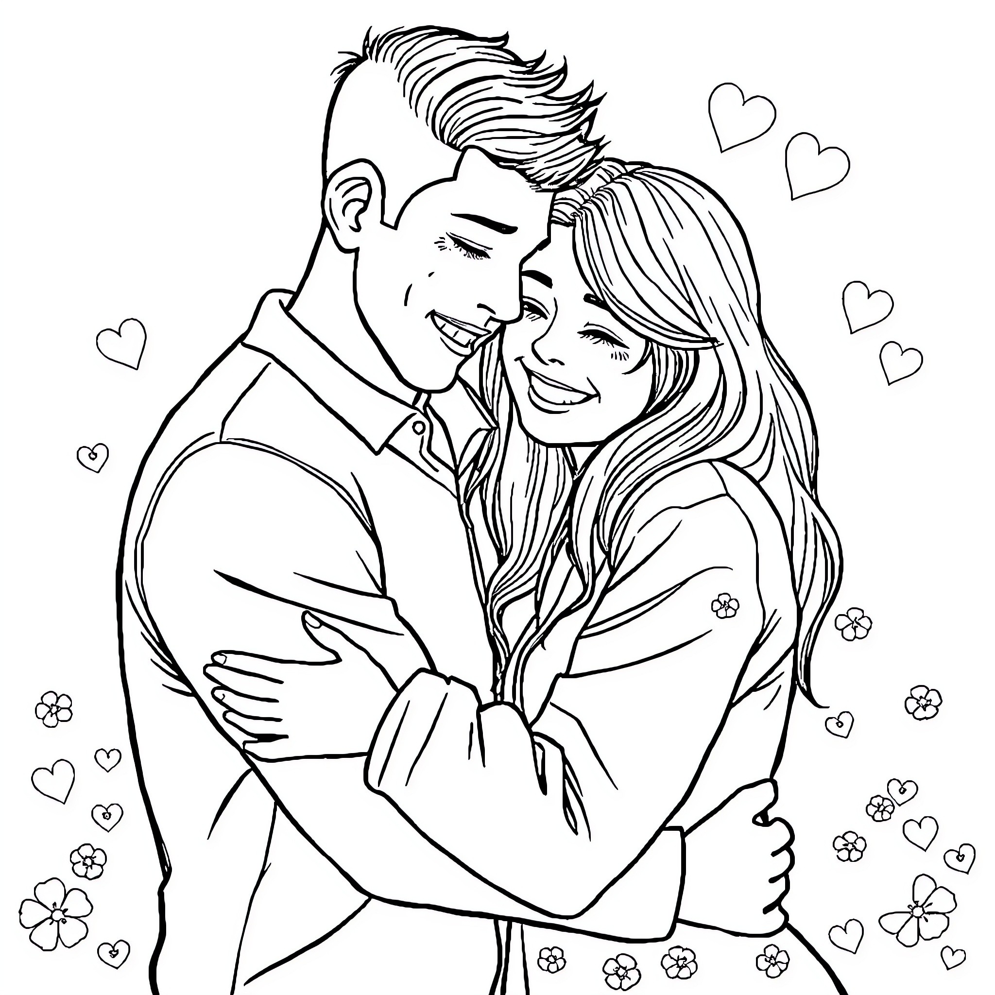 Love Embracing Affection Among Flowers Coloring Page (free black-and-white line drawing printable PDF for all, from beginners to advanced learners, including children, teens, adults, and seniors)