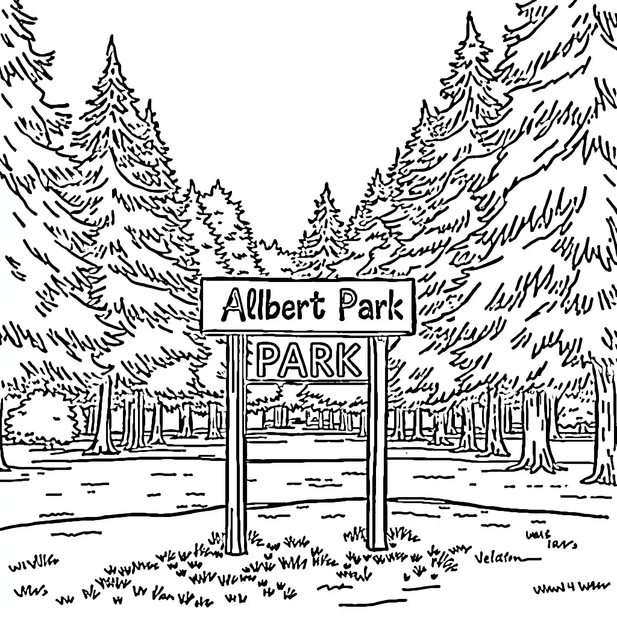 Sign for Albert Park in the forest Coloring Page (free black-and-white line drawing printable PDF for all, from beginners to advanced learners, including children, teens, adults, and seniors)