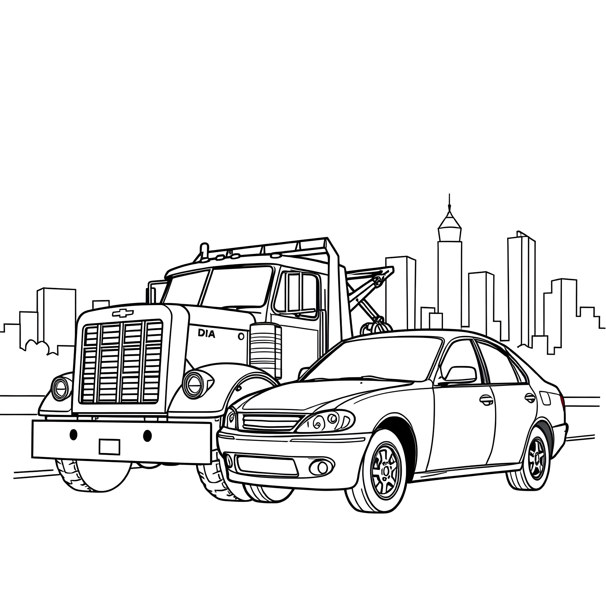 Tow Truck Assisting Stranded Vehicle in City Coloring Page (free black-and-white line drawing printable PDF for all, from beginners to advanced learners, including children, teens, adults, and seniors)