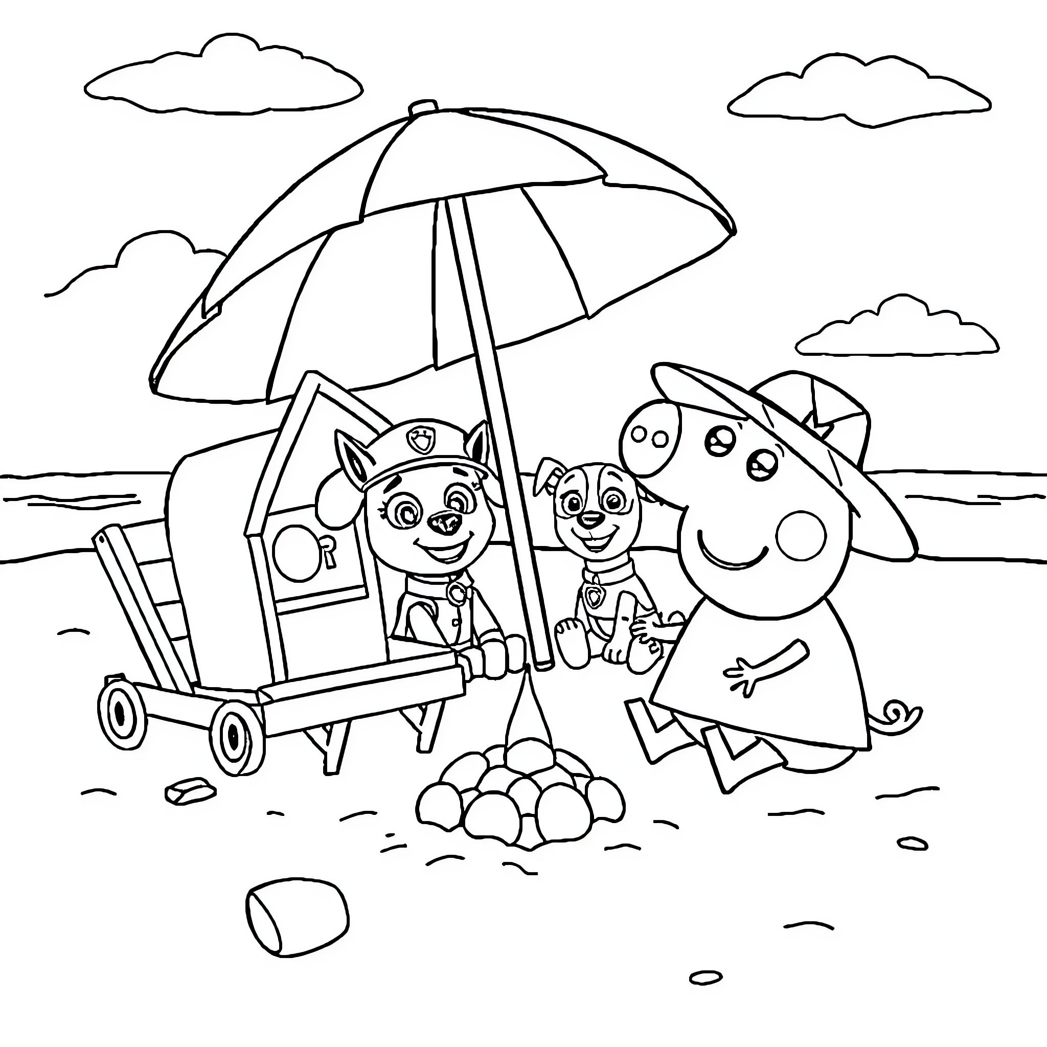 Peppa Pig and friends enjoying a beach outing Coloring Page (free black-and-white line drawing printable PDF for all, from beginners to advanced learners, including children, teens, adults, and seniors)
