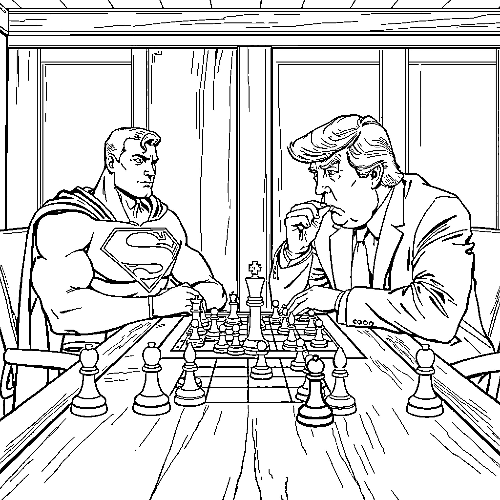 Superman playing chess with a businessman Coloring Page (free black-and-white line drawing printable PDF for all, from beginners to advanced learners, including children, teens, adults, and seniors)