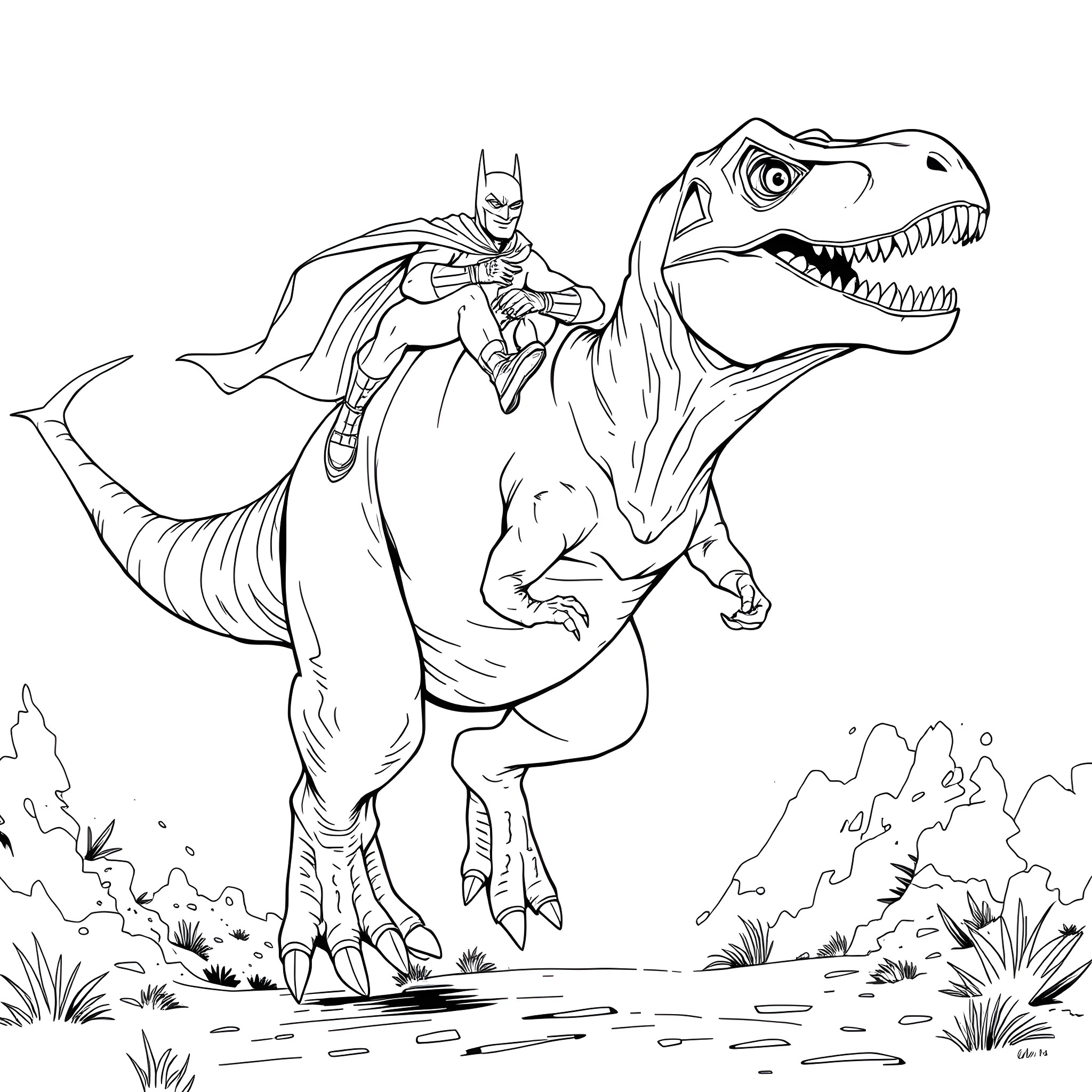 T-Rex and Caped Crusader's Prehistoric Adventure Coloring Page (free black-and-white line drawing printable PDF for all, from beginners to advanced learners, including children, teens, adults, and seniors)