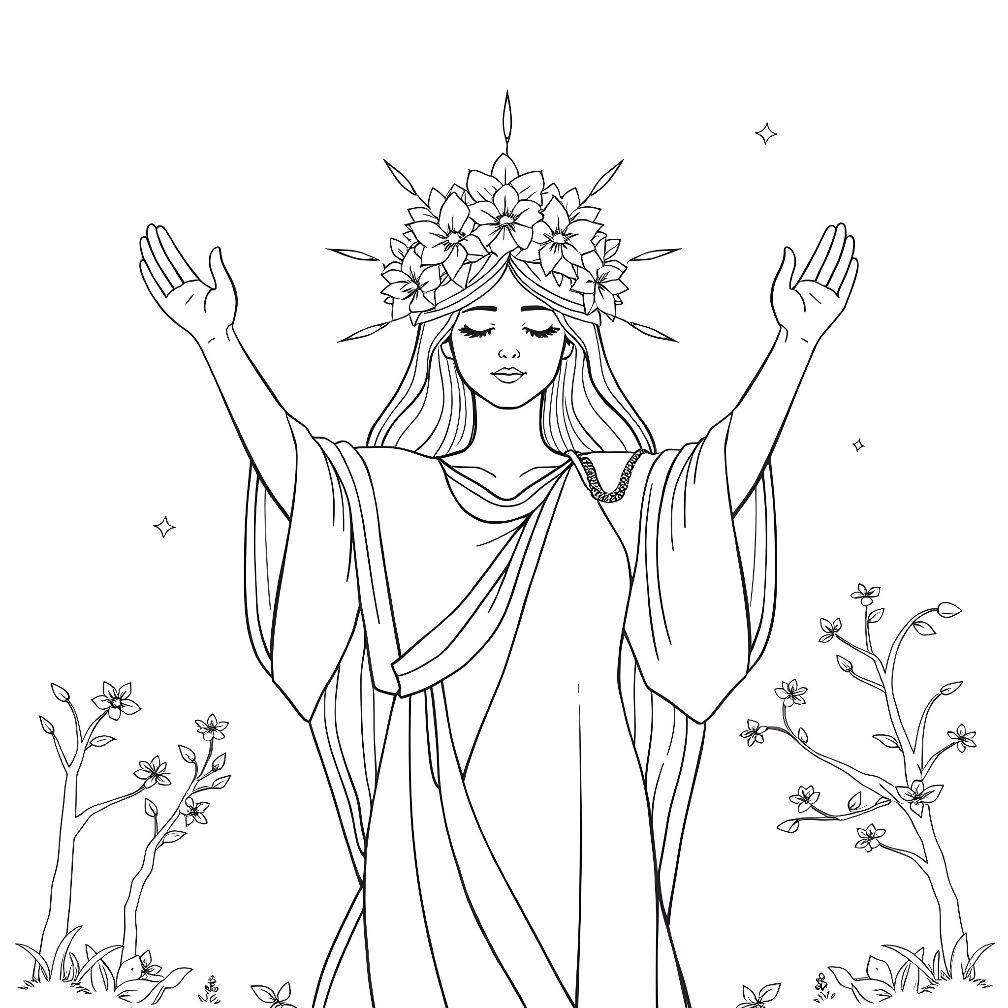 Mother Nature's Serene Embrace Coloring Page (free black-and-white line drawing printable PDF for all, from beginners to advanced learners, including children, teens, adults, and seniors)