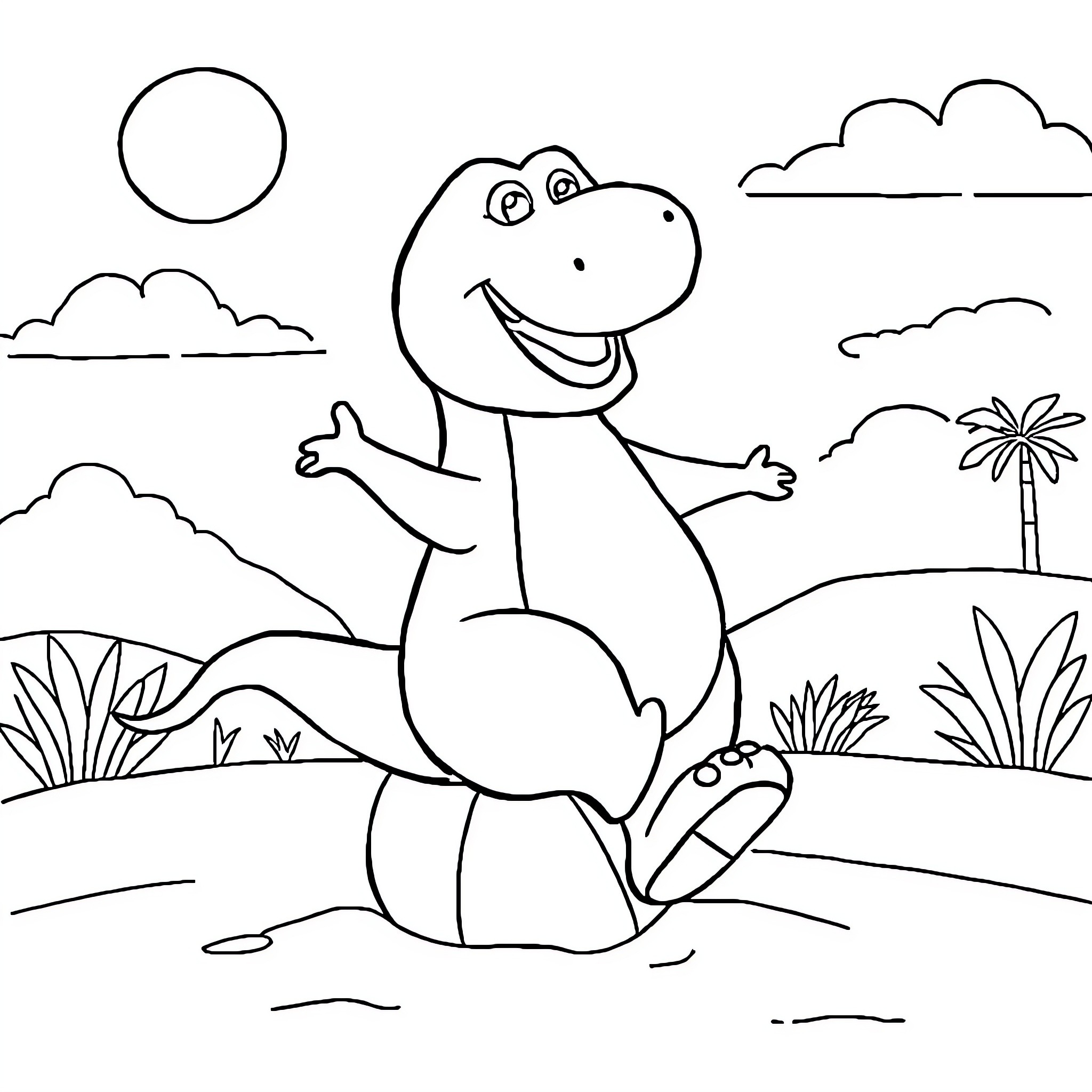 Barney enjoys a sunny day in the park Coloring Page (free black-and-white line drawing printable PDF for all, from beginners to advanced learners, including children, teens, adults, and seniors)