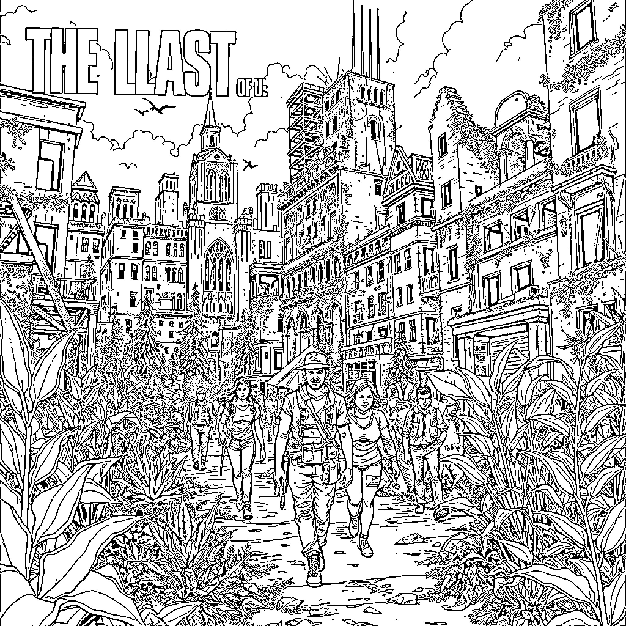 The Last Of Us: Survivors Journeying Through Devastated City Coloring Page (free black-and-white line drawing printable PDF for all, from beginners to advanced learners, including children, teens, adults, and seniors)