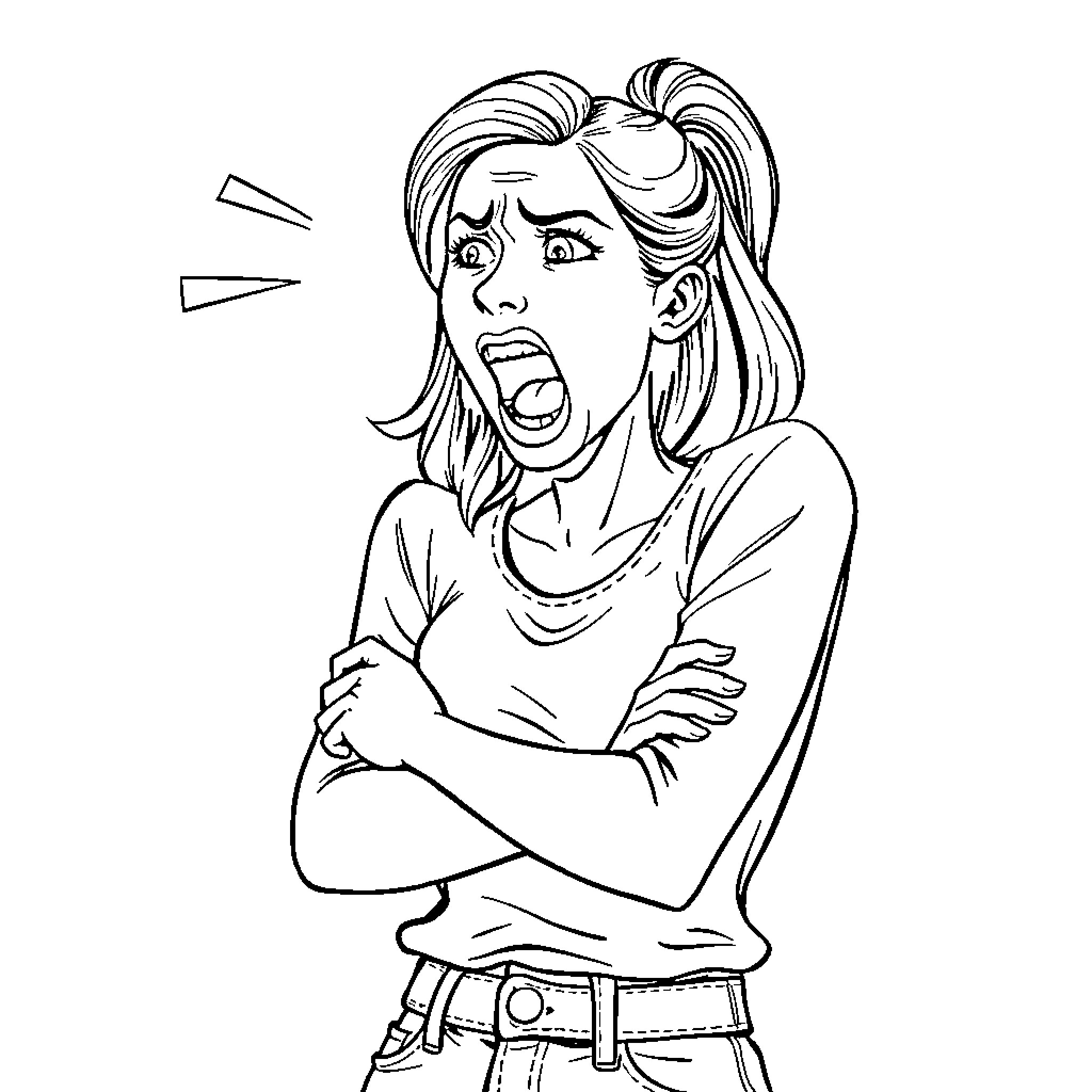 Girlfriend expressing frustration and anger Coloring Page (free black-and-white line drawing printable PDF for all, from beginners to advanced learners, including children, teens, adults, and seniors)