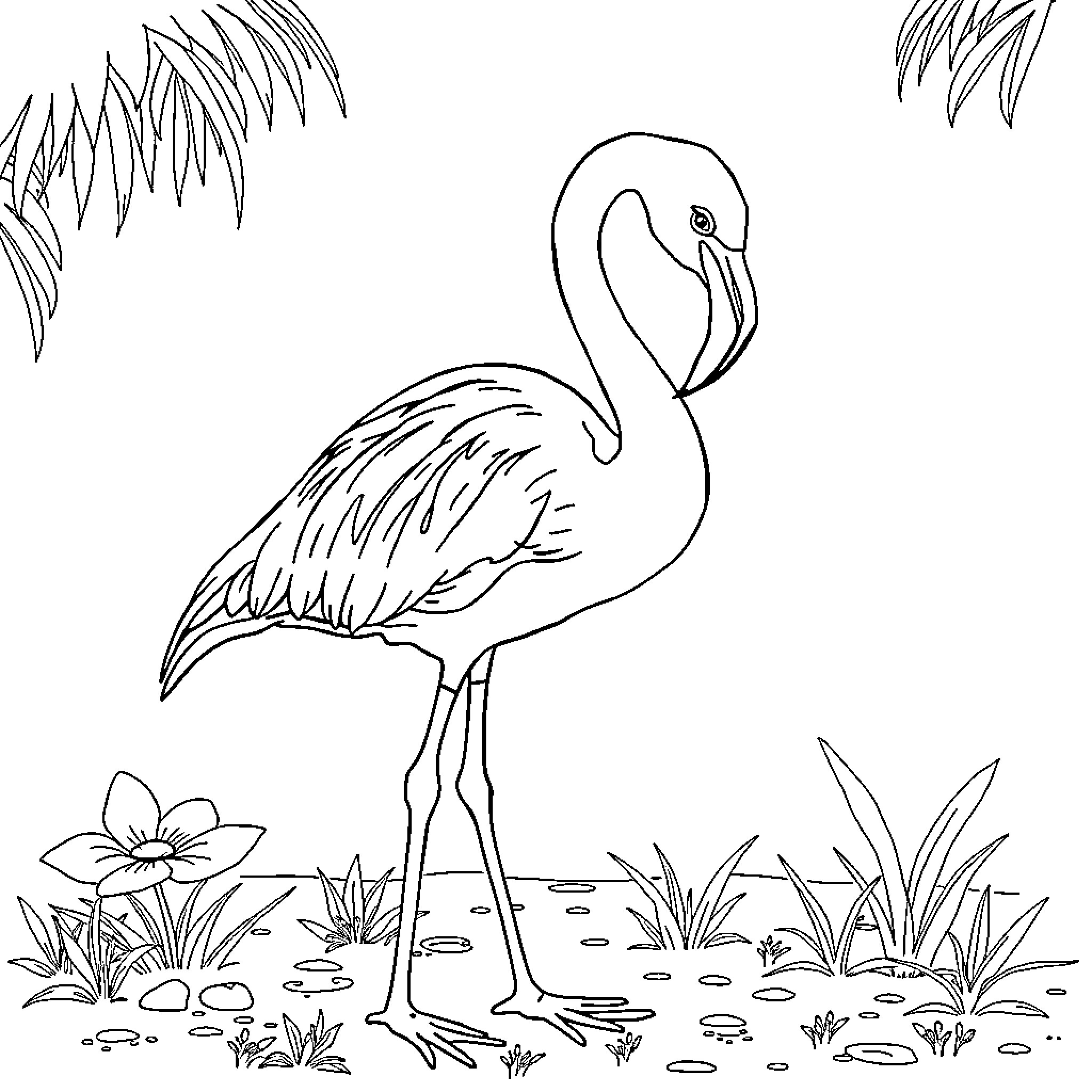 Flamingo posing in tropical foliage Coloring Page (free black-and-white line drawing printable PDF for all, from beginners to advanced learners, including children, teens, adults, and seniors)