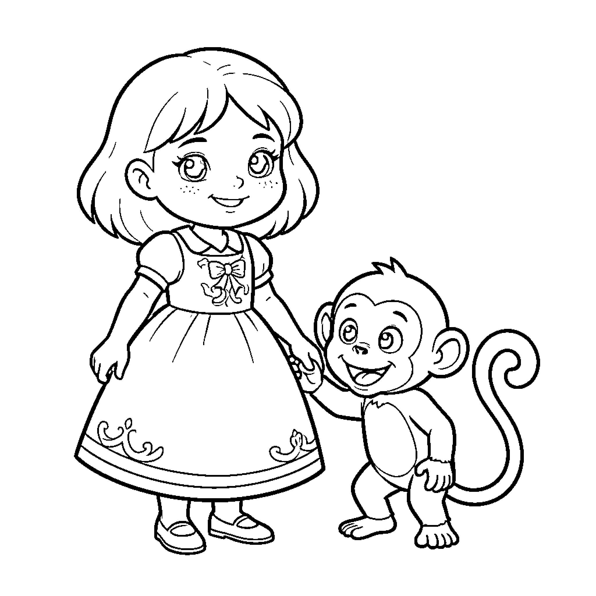 Dora smiling while standing next to a cute monkey Coloring Page (free black-and-white line drawing printable PDF for all, from beginners to advanced learners, including children, teens, adults, and seniors)