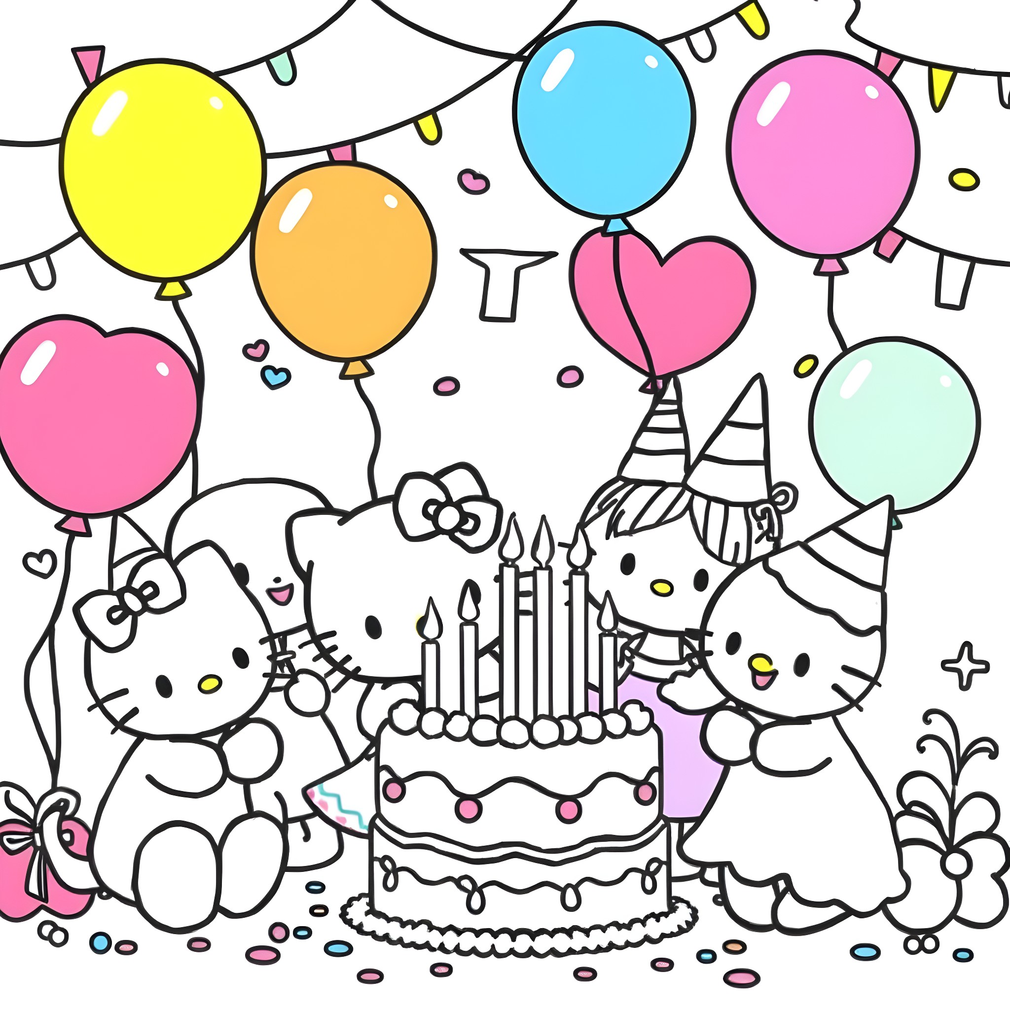 Hello Kitty celebrates birthday with friends and balloons Coloring Page (free black-and-white line drawing printable PDF for all, from beginners to advanced learners, including children, teens, adults, and seniors)