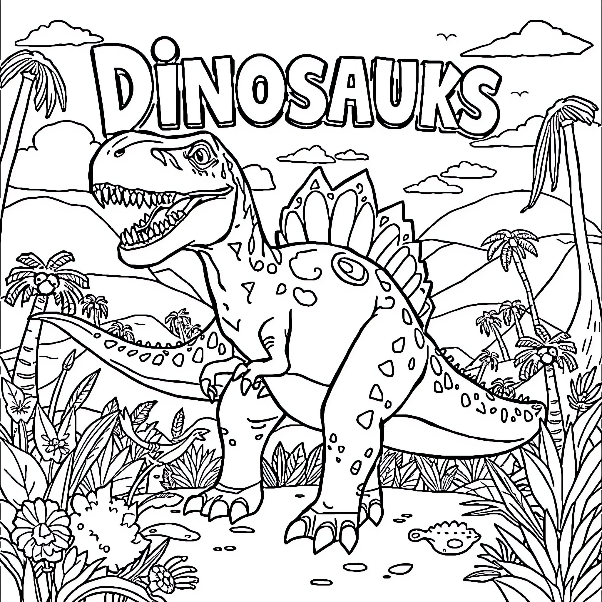 Dinosaurs in the prehistoric landscape Coloring Page (free black-and-white line drawing printable PDF for all, from beginners to advanced learners, including children, teens, adults, and seniors)