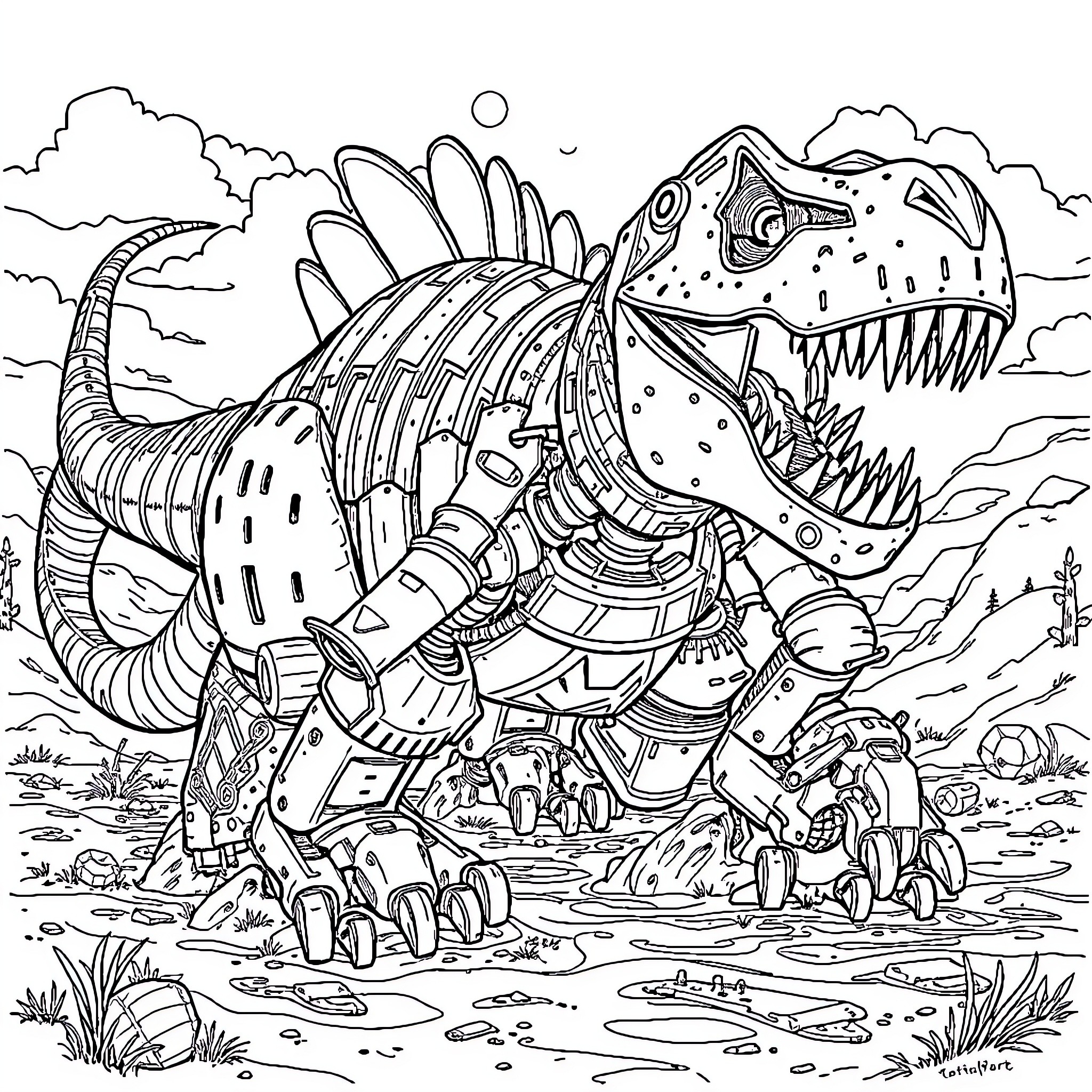 ClankER Mechanical Dinosaur Roaming in the Wild Coloring Page (free black-and-white line drawing printable PDF for all, from beginners to advanced learners, including children, teens, adults, and seniors)