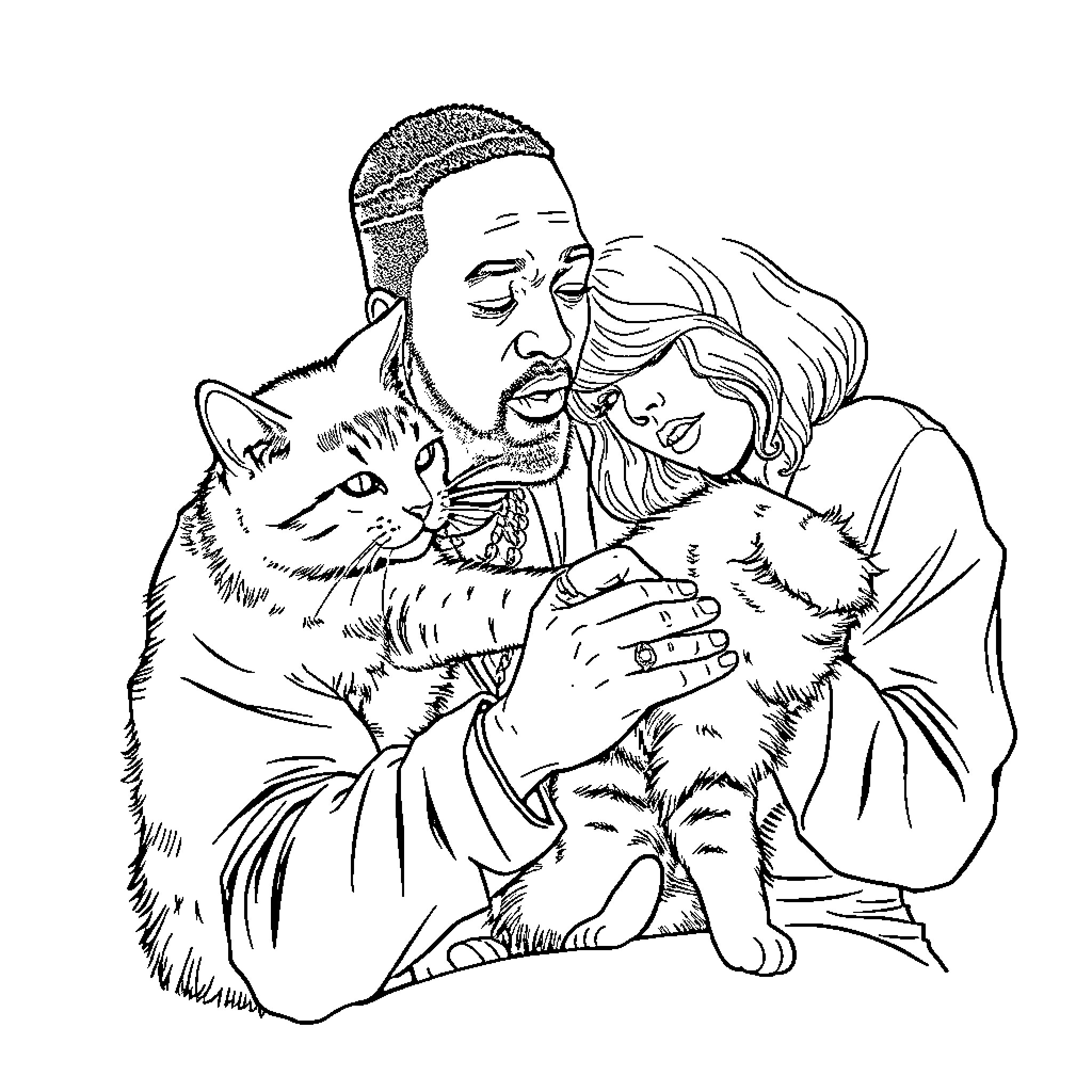 Kendrick Lamar embracing loved ones and a pet Coloring Page (free black-and-white line drawing printable PDF for all, from beginners to advanced learners, including children, teens, adults, and seniors)
