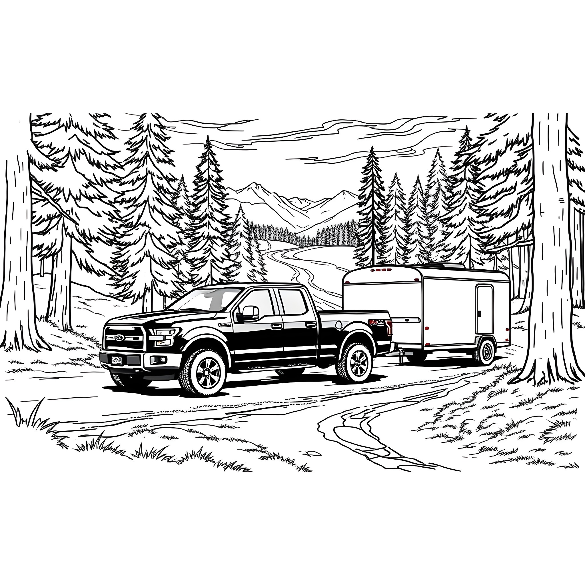 Pickup truck and trailer in the wilderness Coloring Page (free black-and-white line drawing printable PDF for all, from beginners to advanced learners, including children, teens, adults, and seniors)