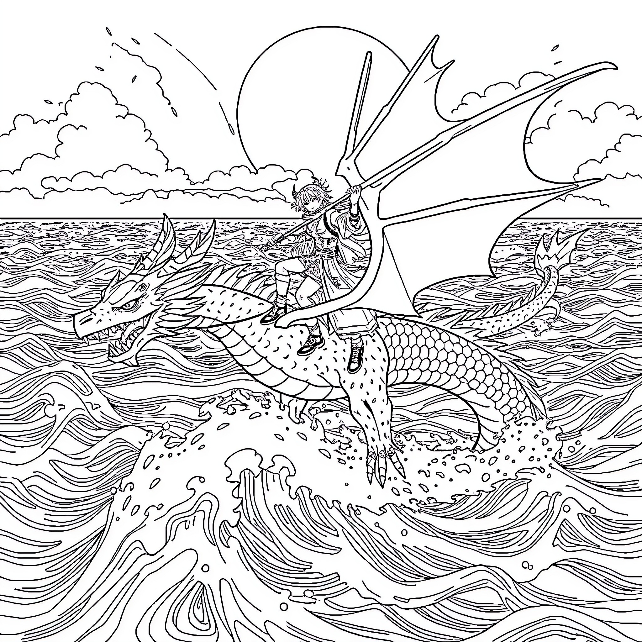 Demon Hunter riding a fantastical sea creature in a stormy ocean Coloring Page (free black-and-white line drawing printable PDF for all, from beginners to advanced learners, including children, teens, adults, and seniors)