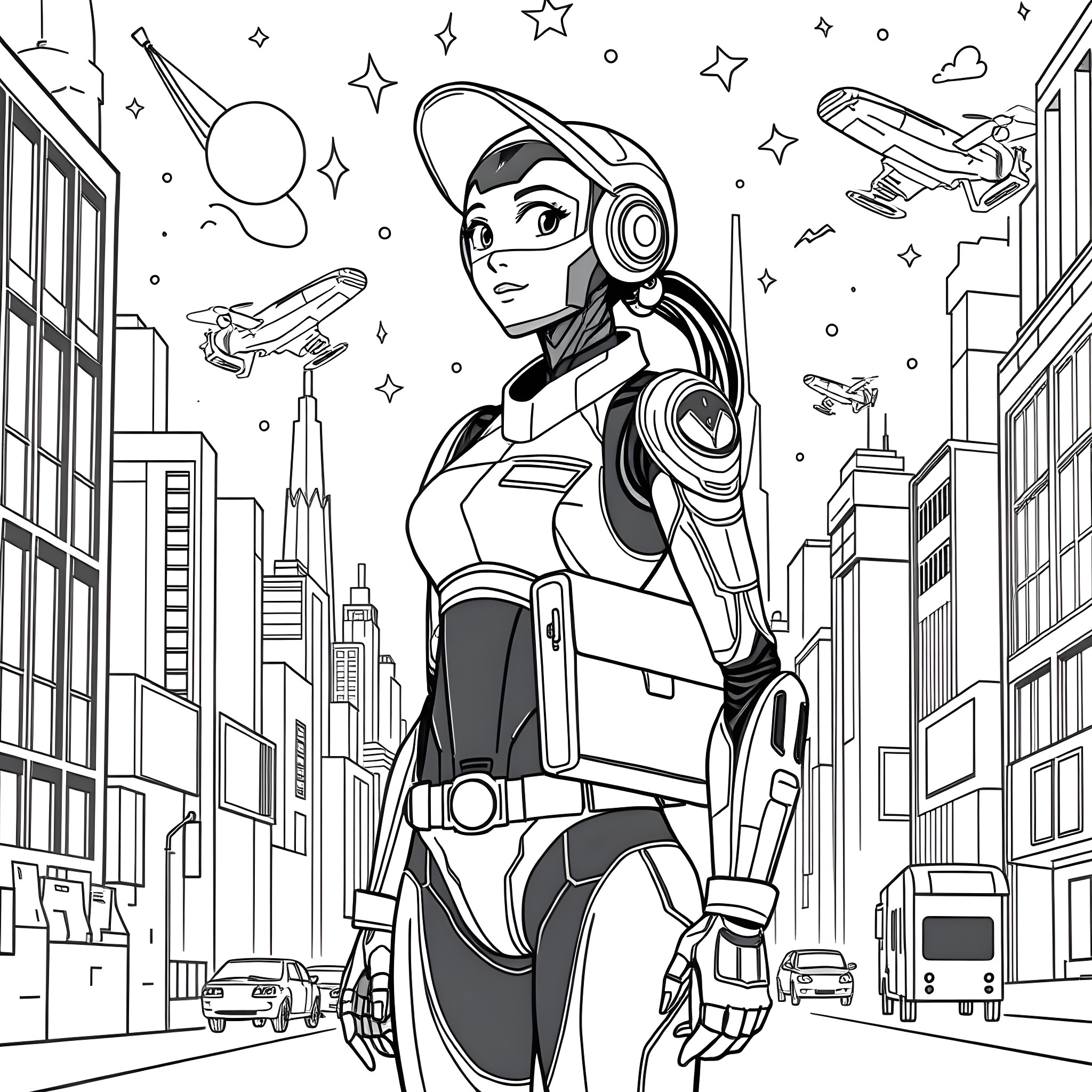 Robot hero exploring futuristic city with spaceships Coloring Page (free black-and-white line drawing printable PDF for all, from beginners to advanced learners, including children, teens, adults, and seniors)