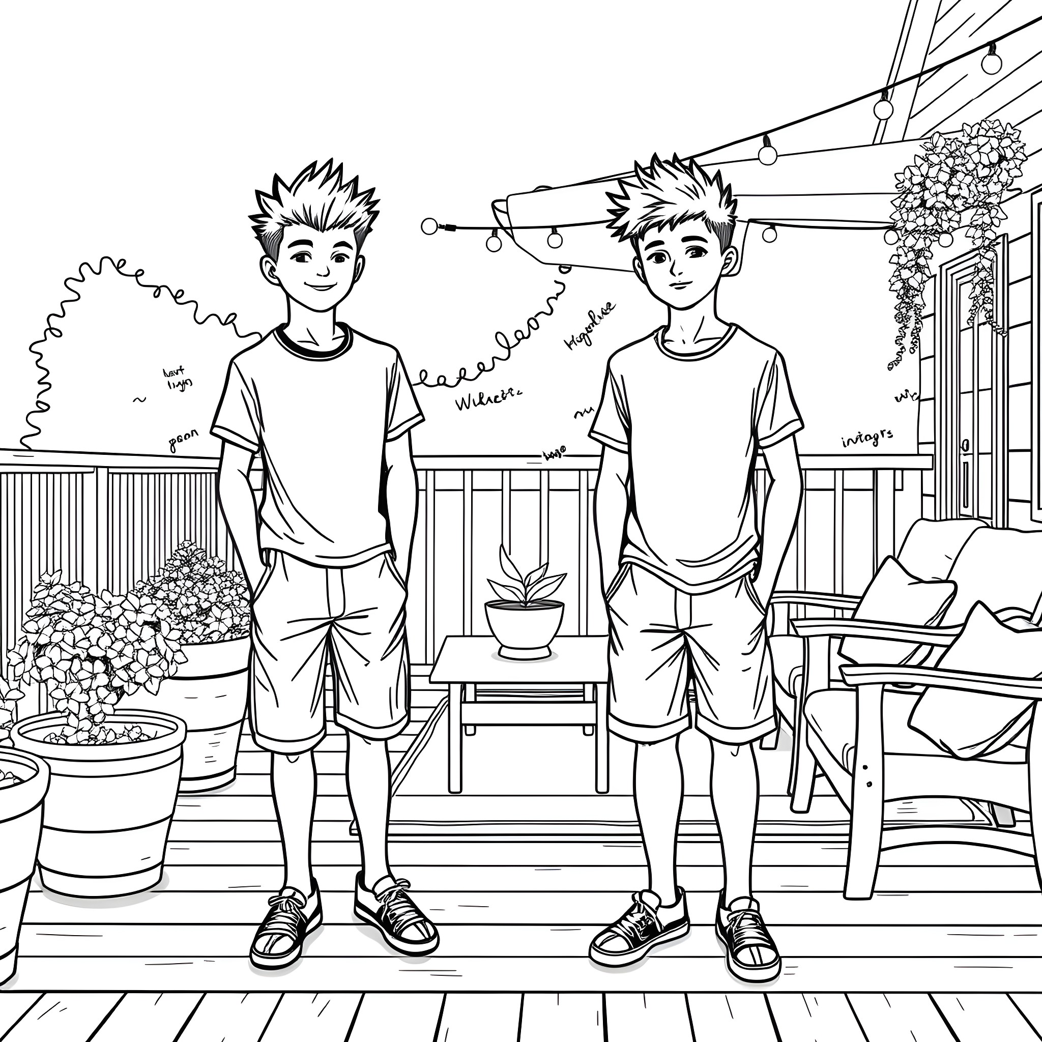 Teen Guy Friends Hanging Out on Porch Coloring Page (free black-and-white line drawing printable PDF for all, from beginners to advanced learners, including children, teens, adults, and seniors)