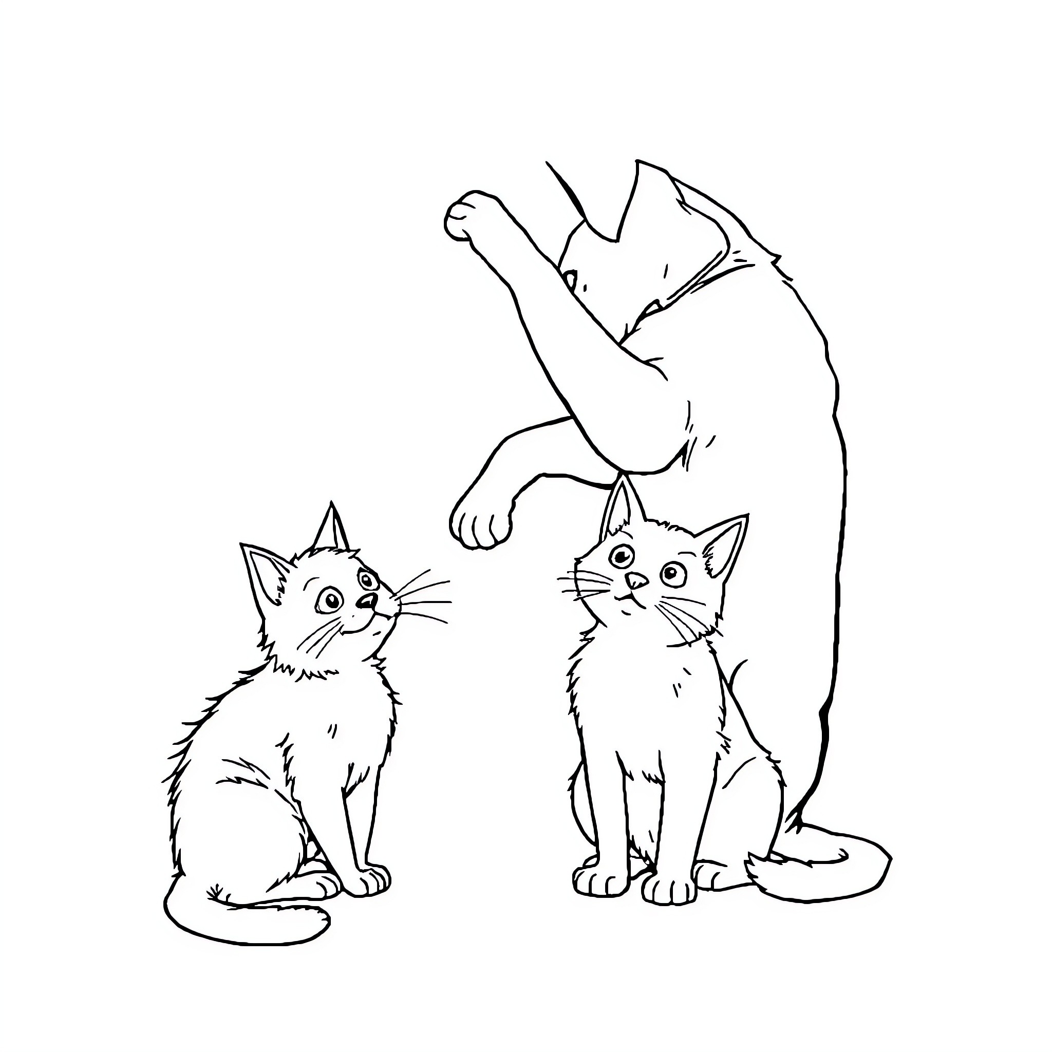 Dog Playing with Curious Kittens Coloring Page (free black-and-white line drawing printable PDF for all, from beginners to advanced learners, including children, teens, adults, and seniors)