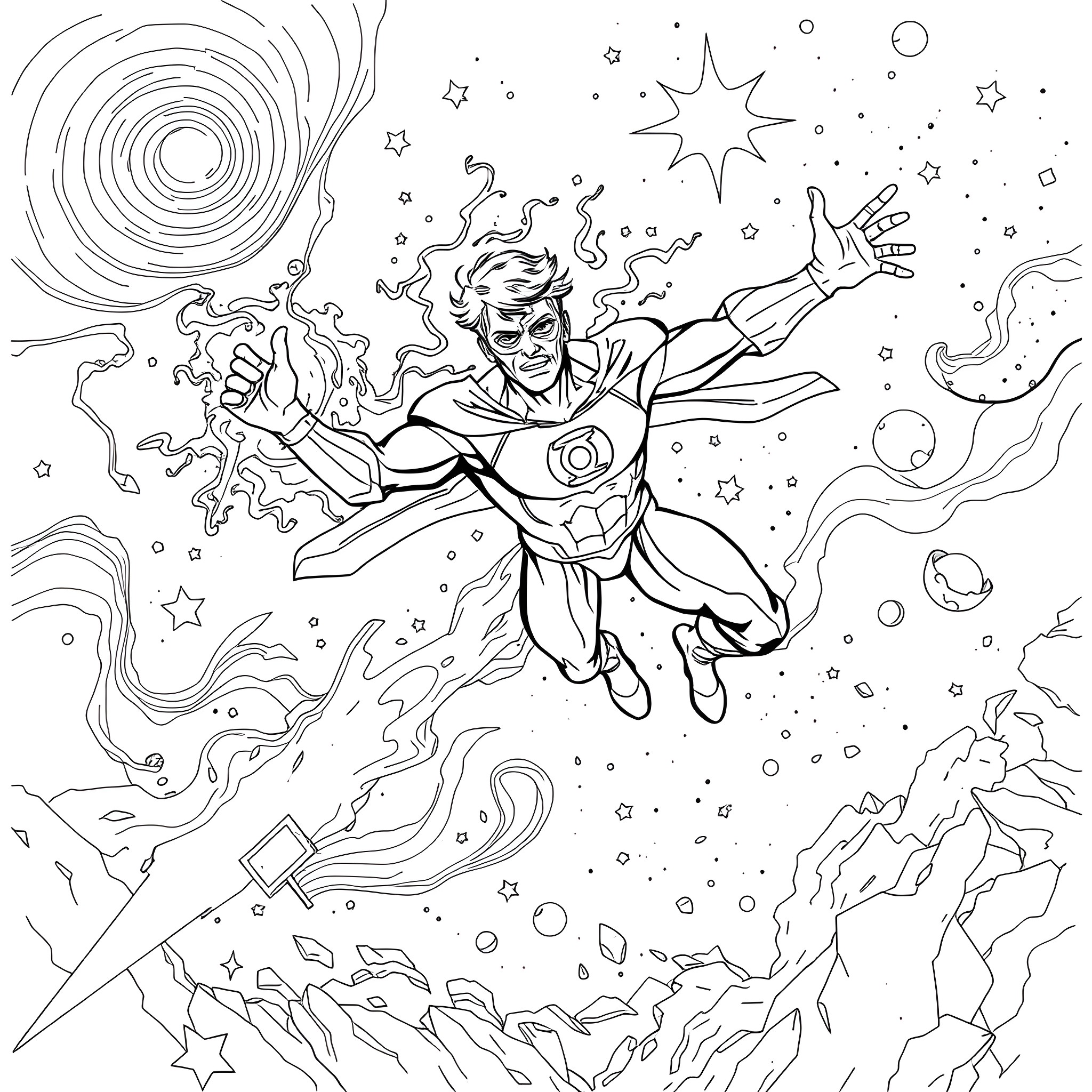 Human Lantern Heroically Flying Through Cosmic Space Coloring Page (free black-and-white line drawing printable PDF for all, from beginners to advanced learners, including children, teens, adults, and seniors)