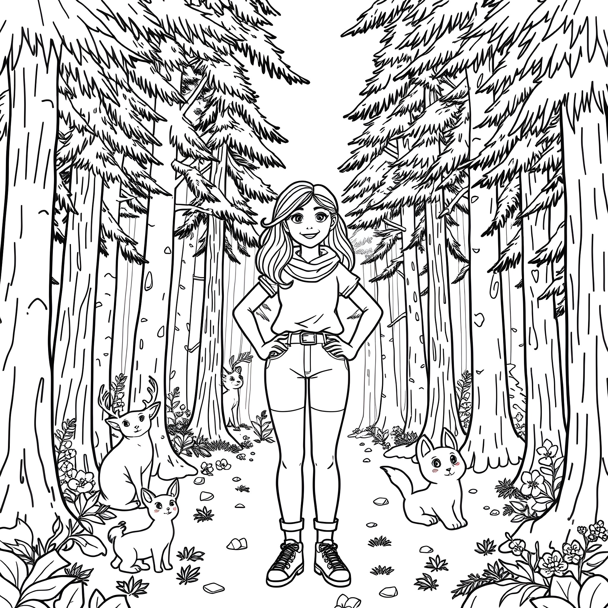 Maddy Haflich explores the enchanting forest with forest animals Coloring Page (free black-and-white line drawing printable PDF for all, from beginners to advanced learners, including children, teens, adults, and seniors)