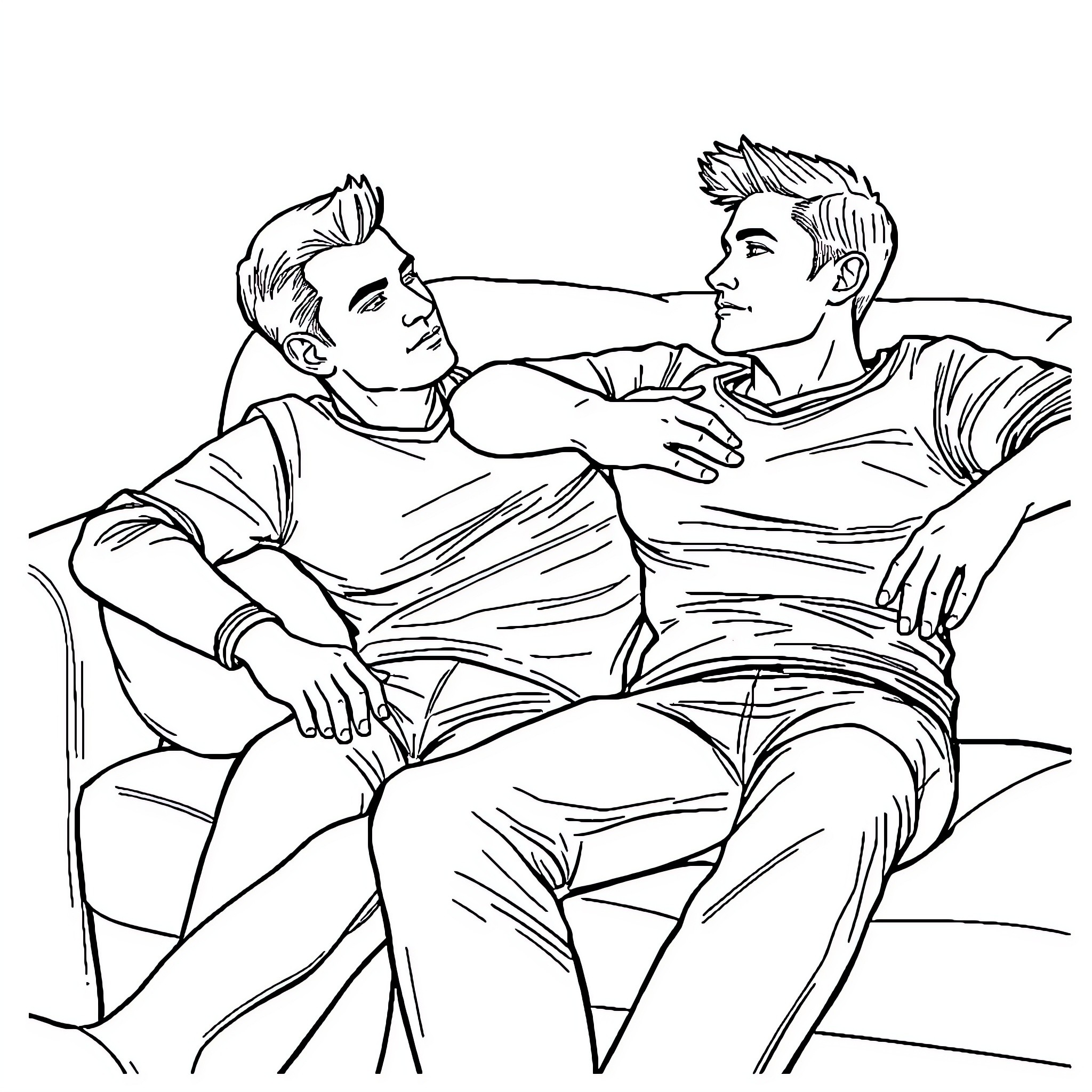 Homme enjoying friendly embrace with companion Coloring Page (free black-and-white line drawing printable PDF for all, from beginners to advanced learners, including children, teens, adults, and seniors)